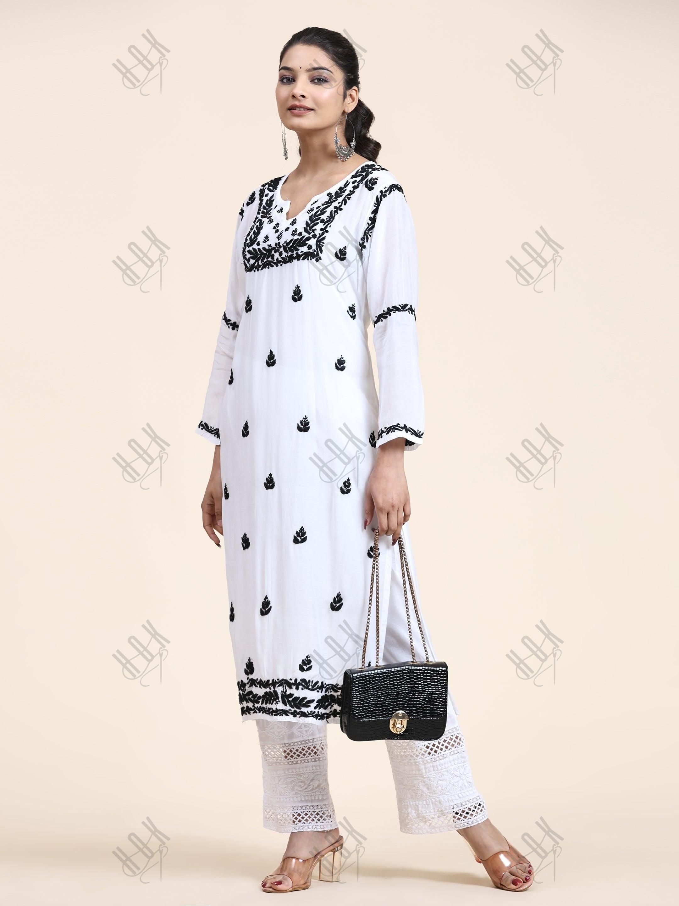 Nishtha in Noor HOK Muslin Chikankari kurti for Women- White With Black - House Of Kari (Chikankari Clothing)