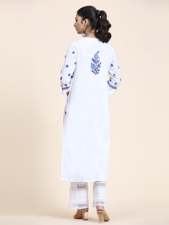 NOOR Chikankari Kurta With Pocket - White With Blue - House Of Kari (Chikankari Clothing)