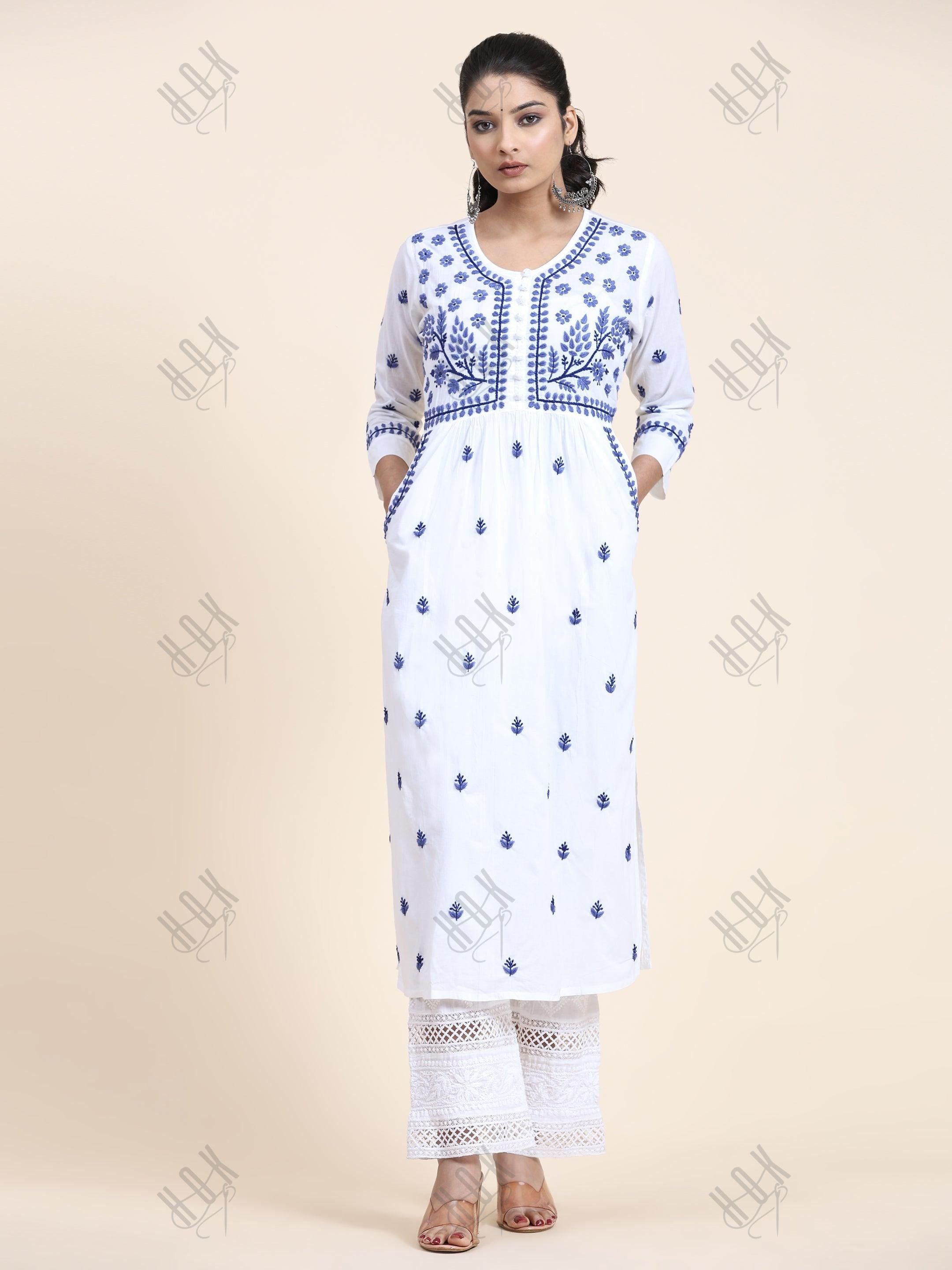 NOOR Chikankari Kurta With Pocket - White With Blue - House Of Kari (Chikankari Clothing)