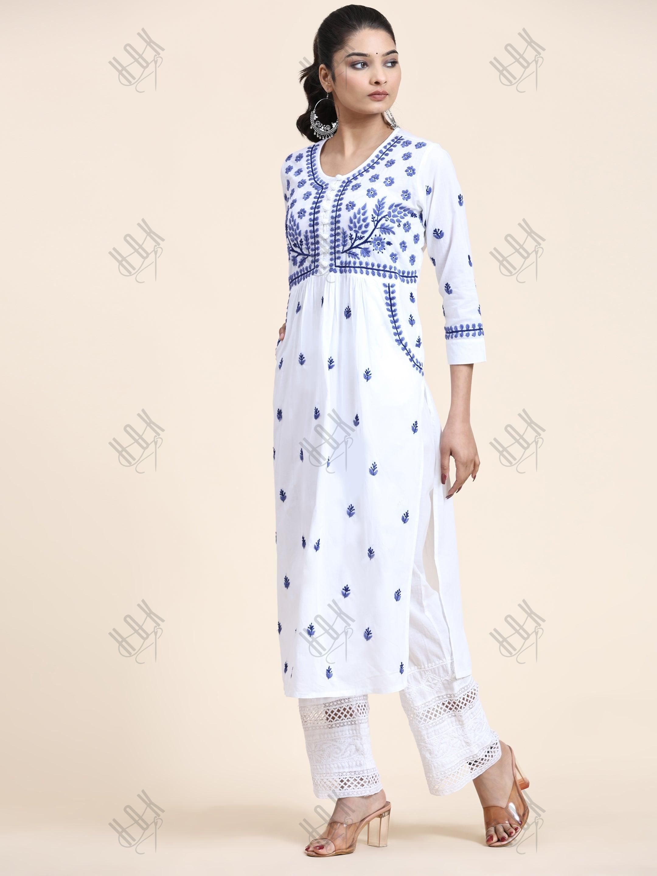 NOOR Chikankari Kurta With Pocket - White With Blue - House Of Kari (Chikankari Clothing)