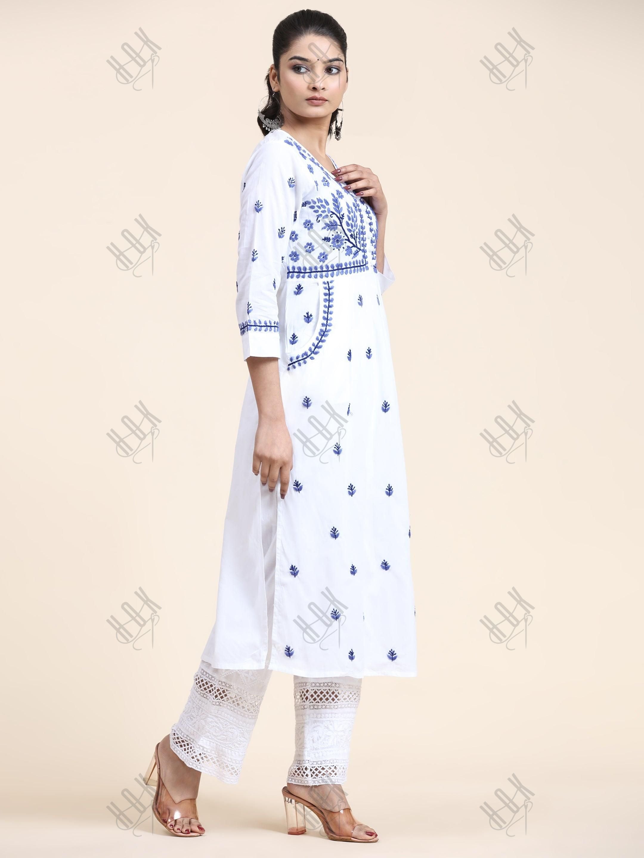 NOOR Chikankari Kurta With Pocket - White With Blue - House Of Kari (Chikankari Clothing)