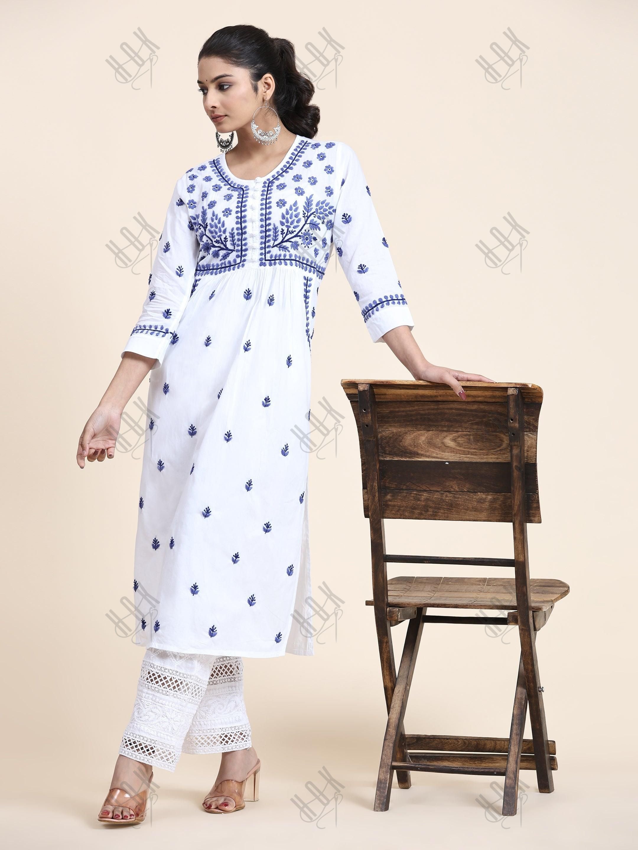 NOOR Chikankari Kurta With Pocket - White With Blue - House Of Kari (Chikankari Clothing)