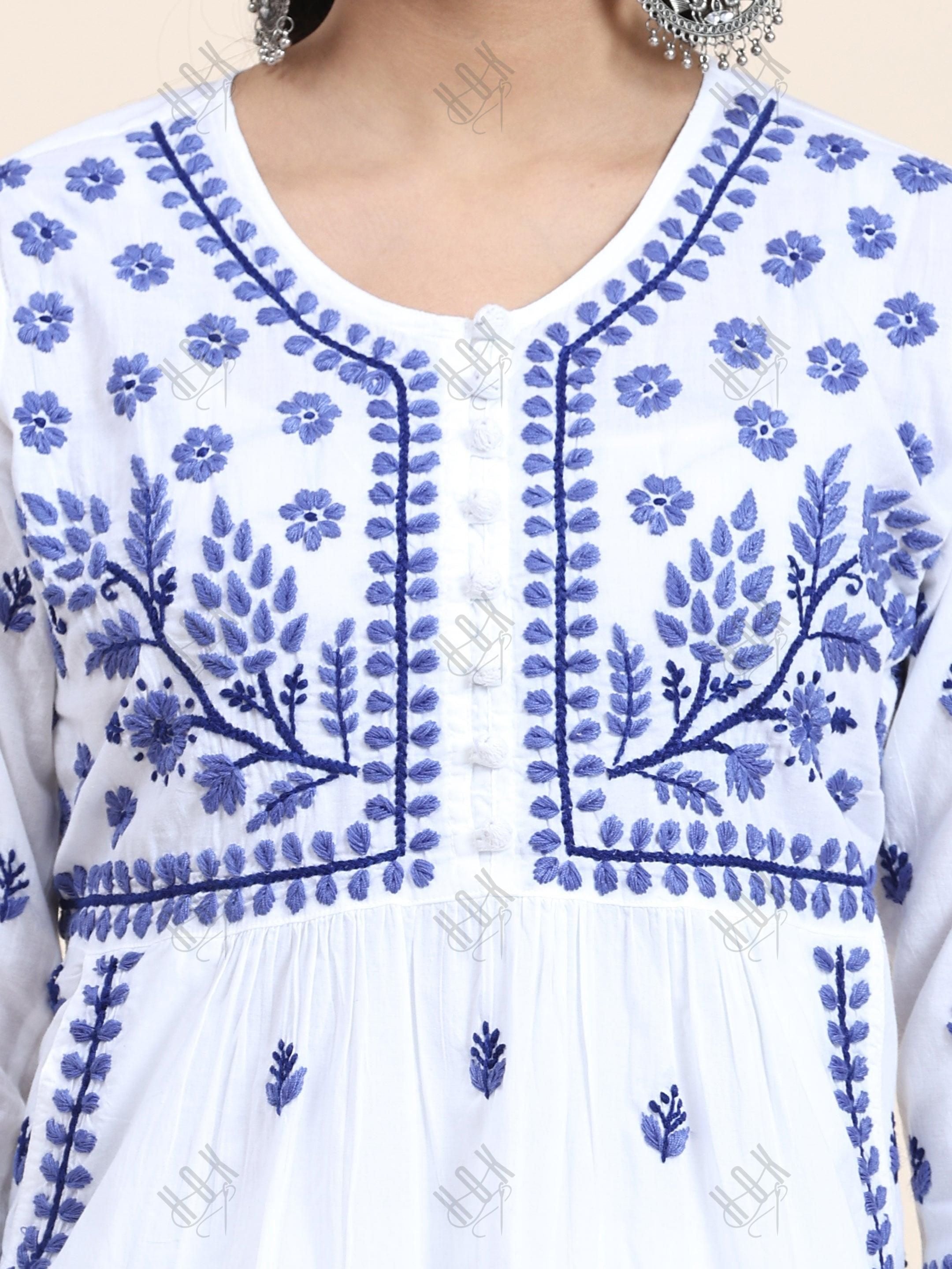 NOOR Chikankari Kurta With Pocket - White With Blue - House Of Kari (Chikankari Clothing)