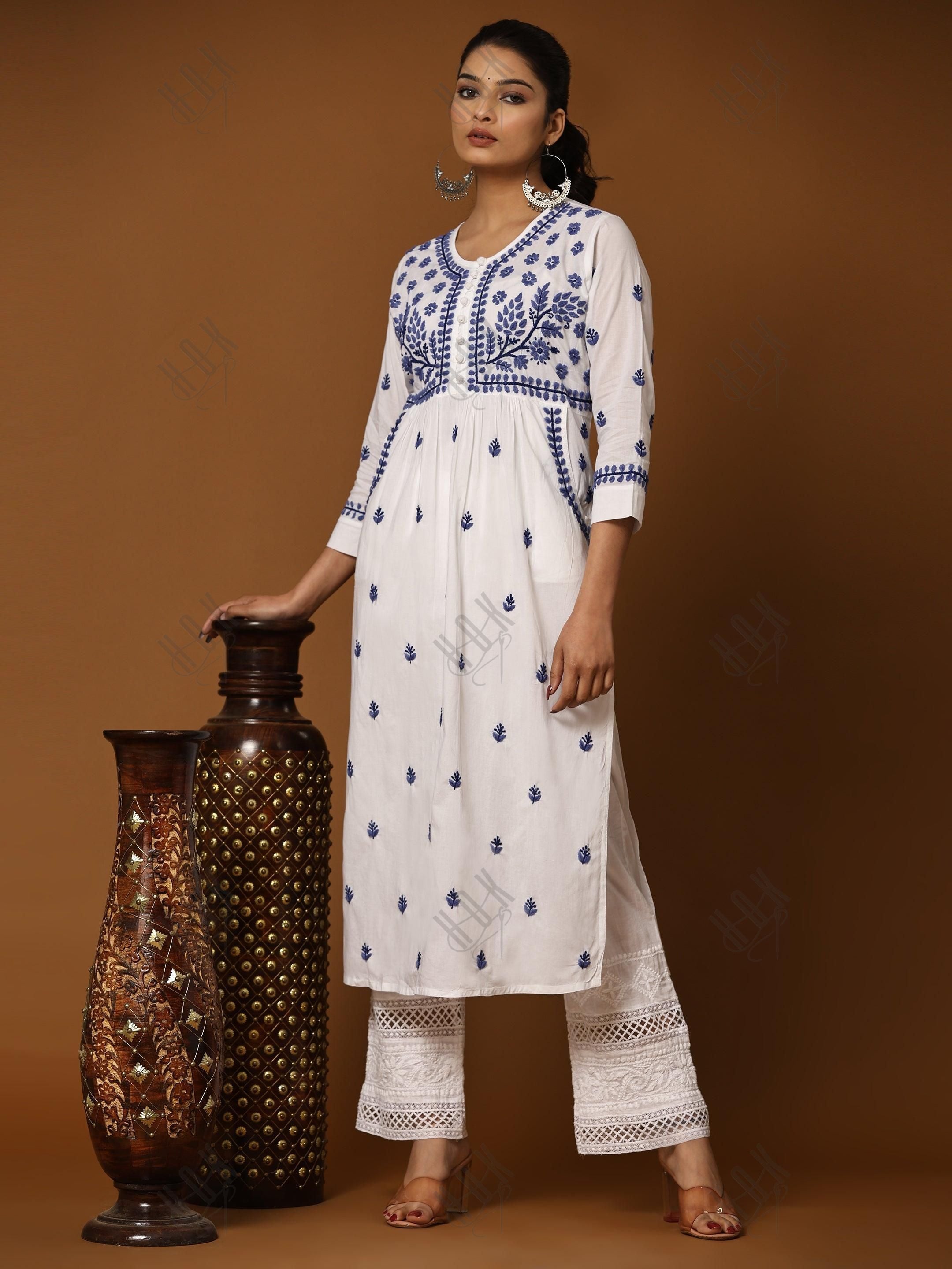 NOOR Chikankari Kurta With Pocket - White With Blue - House Of Kari (Chikankari Clothing)