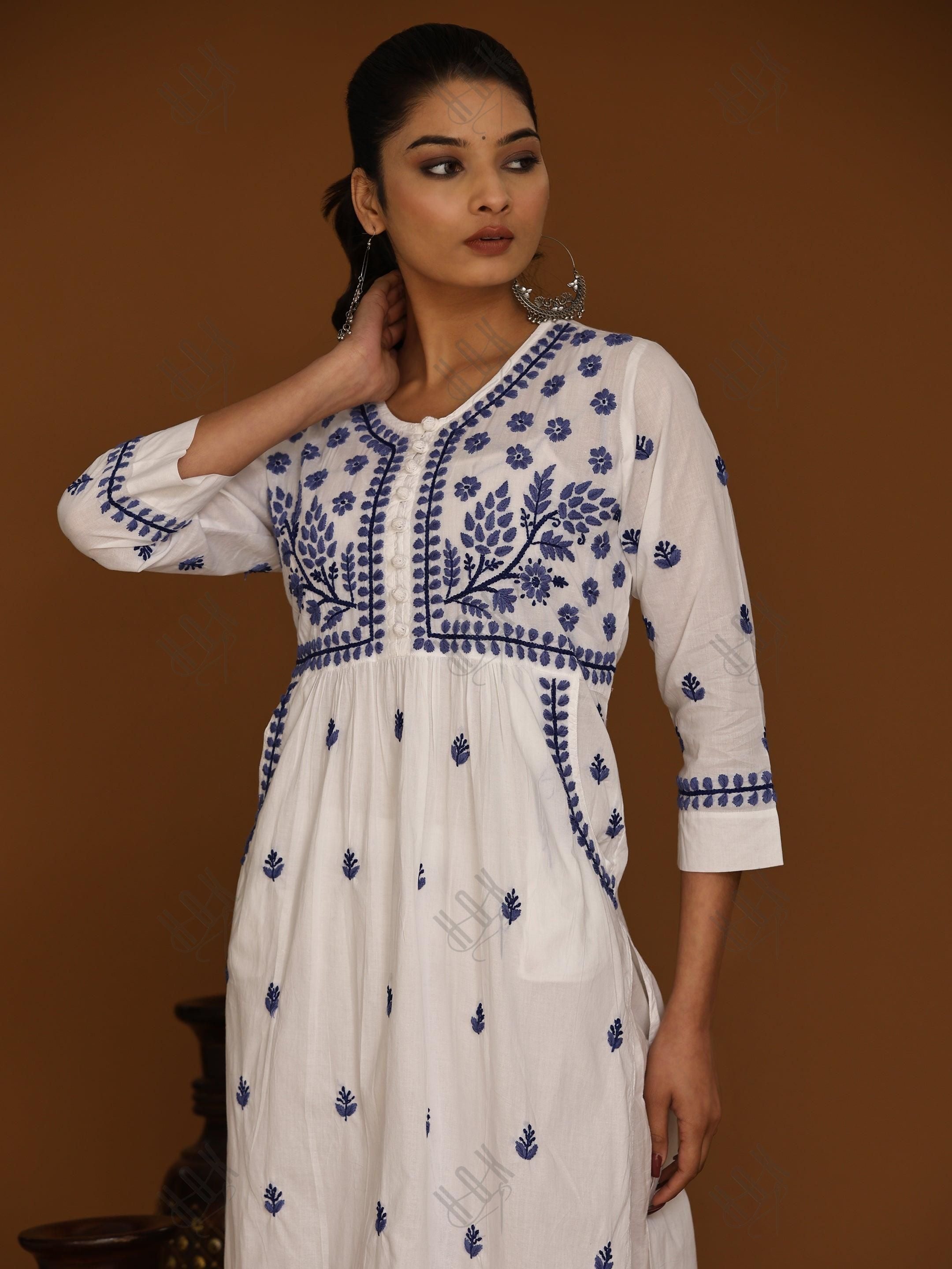 NOOR Chikankari Kurta With Pocket - White With Blue - House Of Kari (Chikankari Clothing)