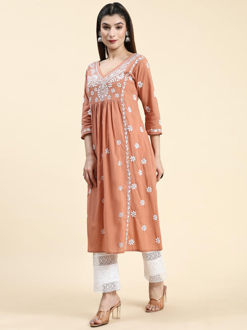 Samma Chikankari Long Kurta V-Neck Cotton for Women- Emerald Orange - House Of Kari (Chikankari Clothing)