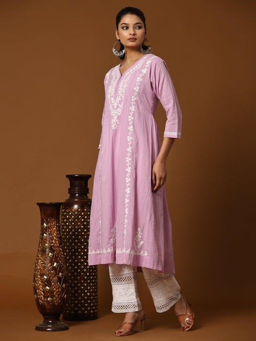 HOK Chikankari Anarkali Kurti for Women - Lavender - House Of Kari (Chikankari Clothing)
