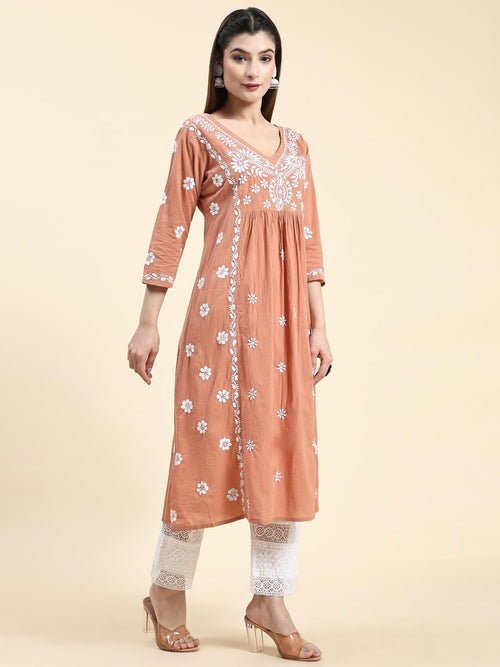 Samma Chikankari Long Kurta V-Neck Cotton for Women- Emerald Orange - House Of Kari (Chikankari Clothing)