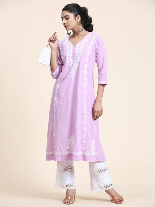 Farheen in HOK Chikankari Anarkali Kurti for Women - Lavender - House Of Kari (Chikankari Clothing)