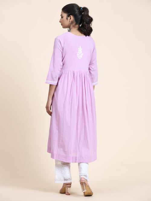 HOK Chikankari Anarkali Kurti for Women - Lavender - House Of Kari (Chikankari Clothing)