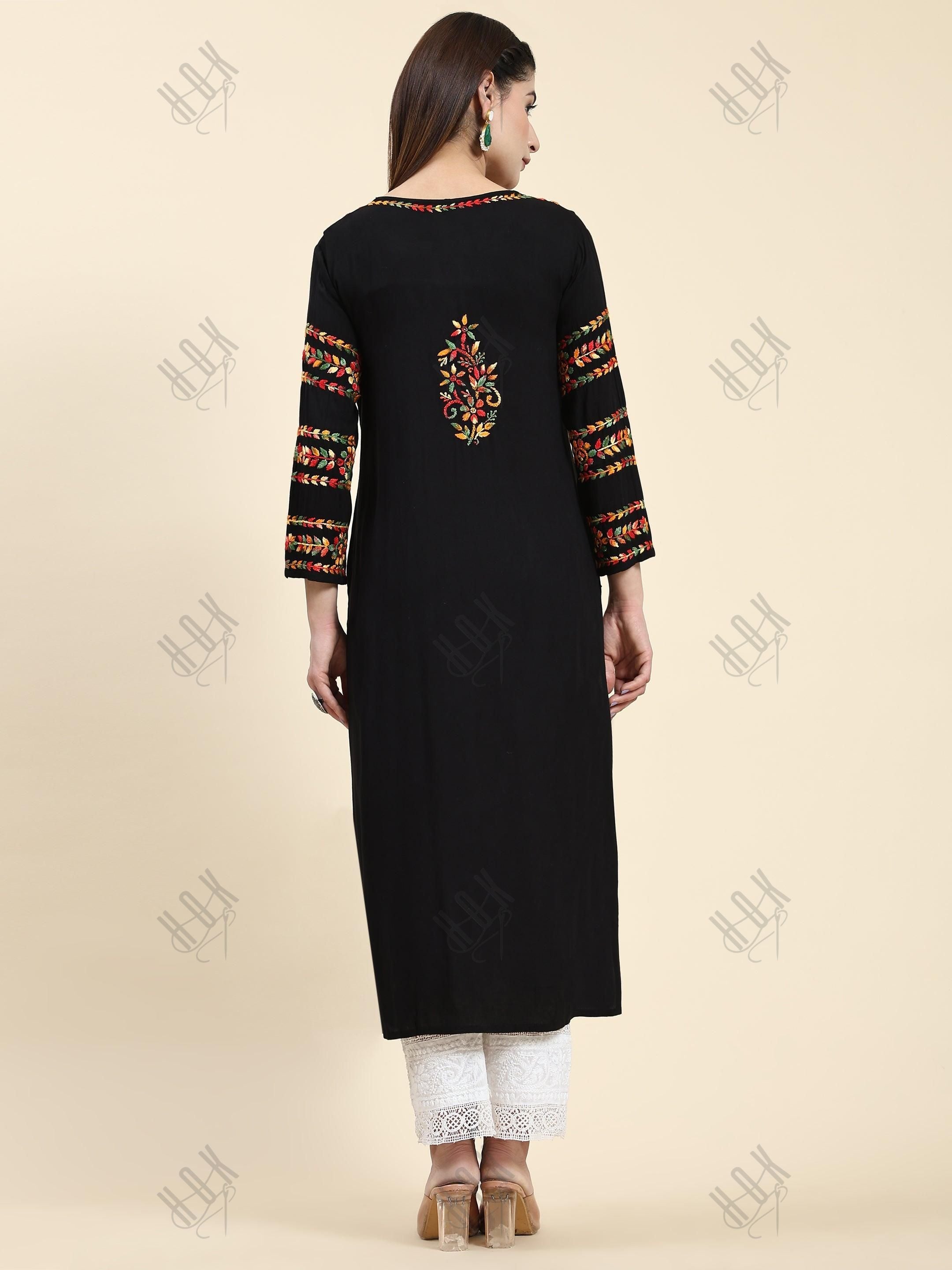 Samma Chikankari Long Kurta in Rayon Cotton for Women-Black With Multi Work - House Of Kari (Chikankari Clothing)