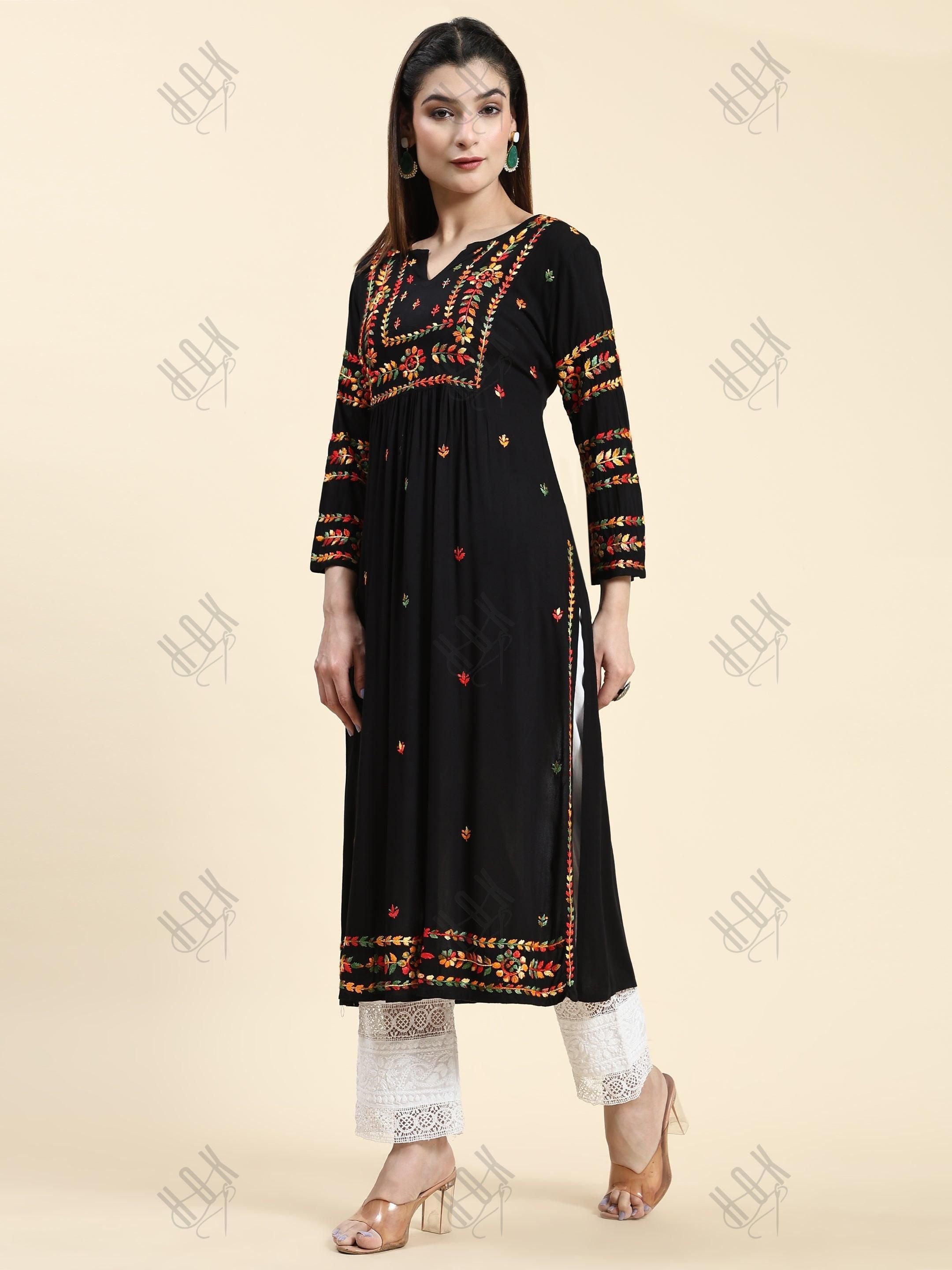 Samma Chikankari Long Kurta in Rayon Cotton for Women-Black With Multi Work - House Of Kari (Chikankari Clothing)