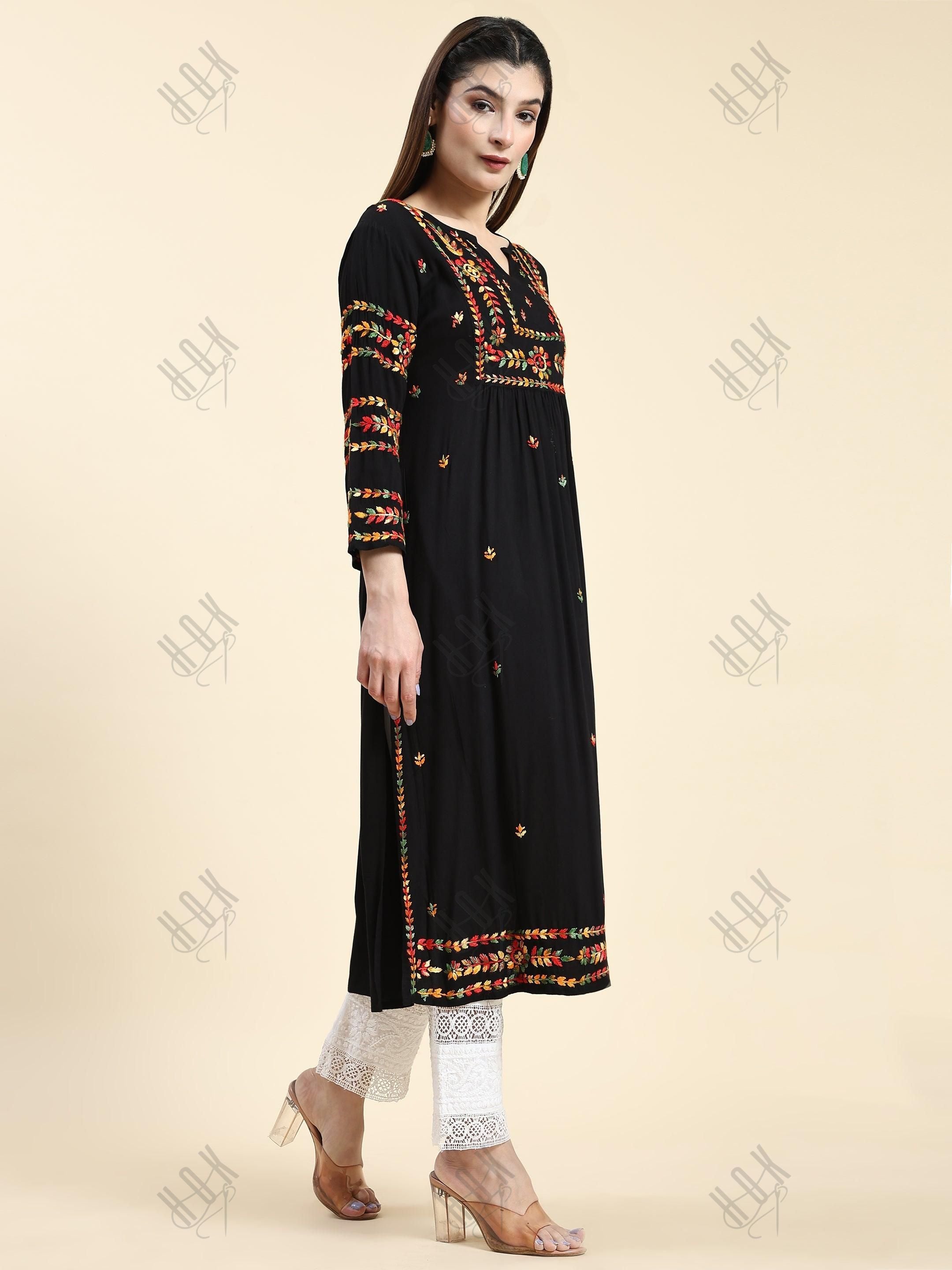 Samma Chikankari Long Kurta in Rayon Cotton for Women-Black With Multi Work - House Of Kari (Chikankari Clothing)