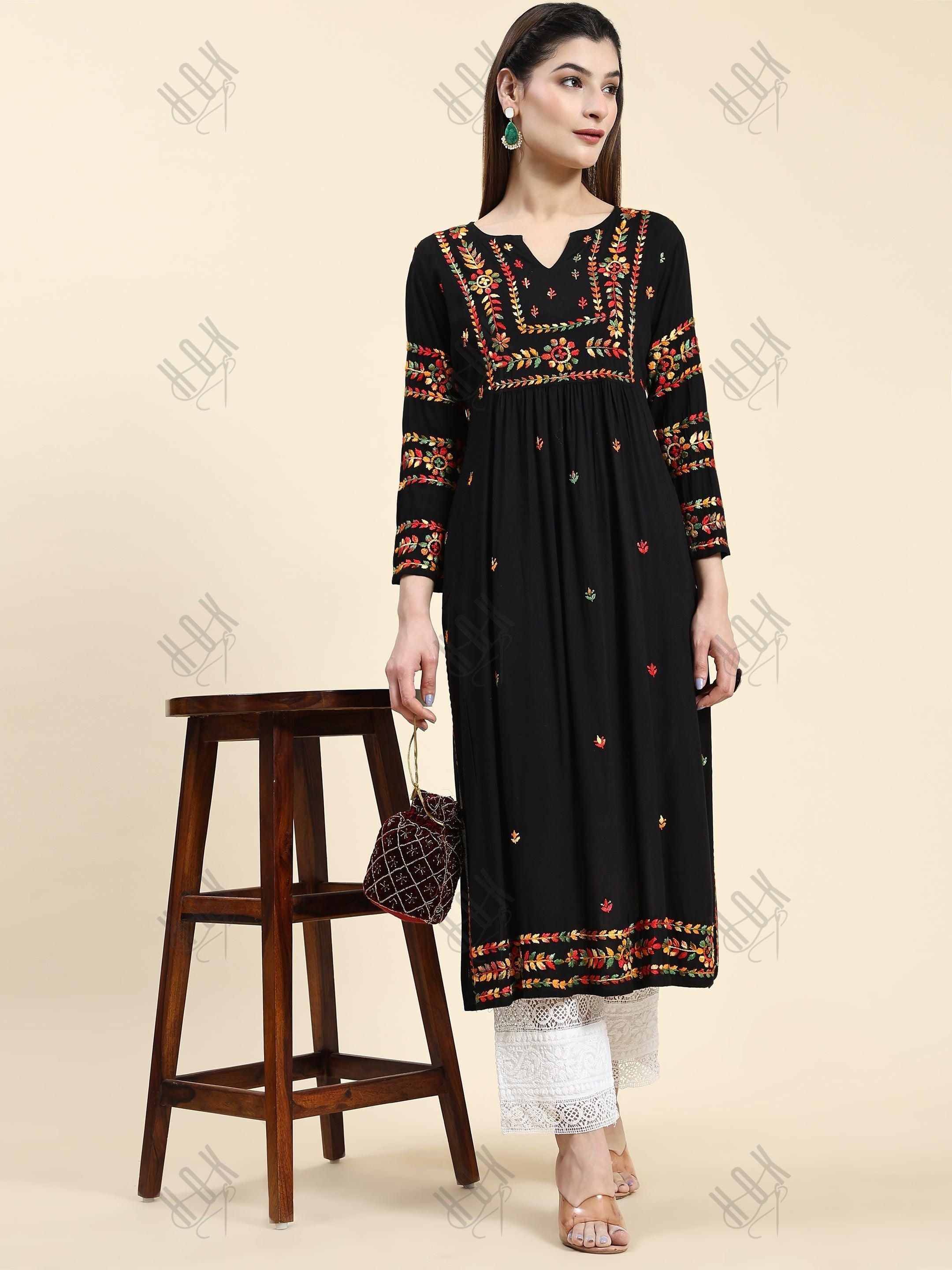 Samma Chikankari Long Kurta in Rayon Cotton for Women-Black With Multi Work - House Of Kari (Chikankari Clothing)