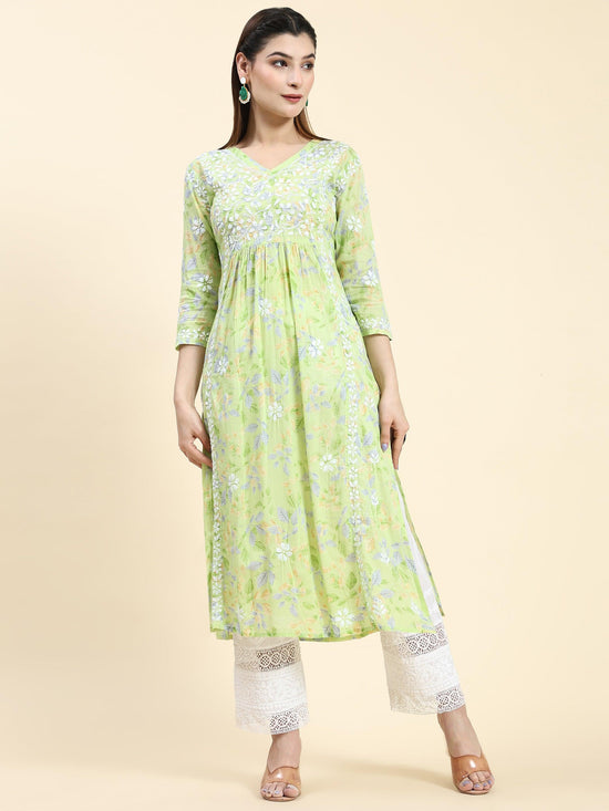 Samma Chikankari Long Kurta in Mul Cotton for Women- Light Green - House Of Kari (Chikankari Clothing)