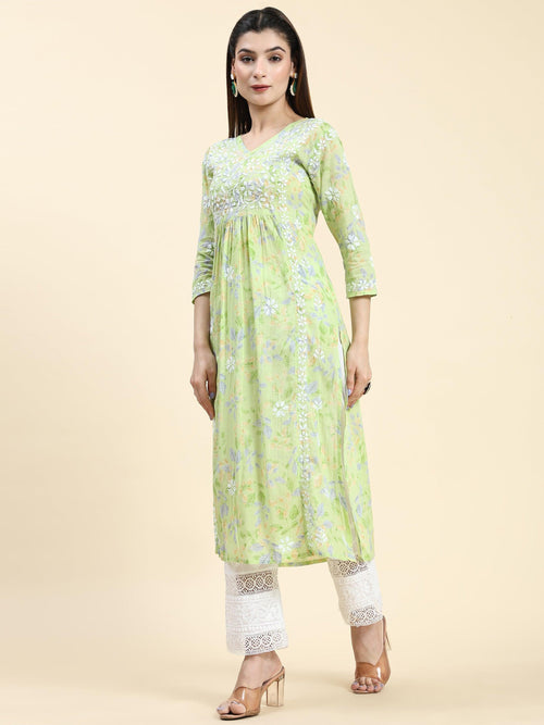 Samma Chikankari Long Kurta in Mul Cotton for Women- Light Green - House Of Kari (Chikankari Clothing)