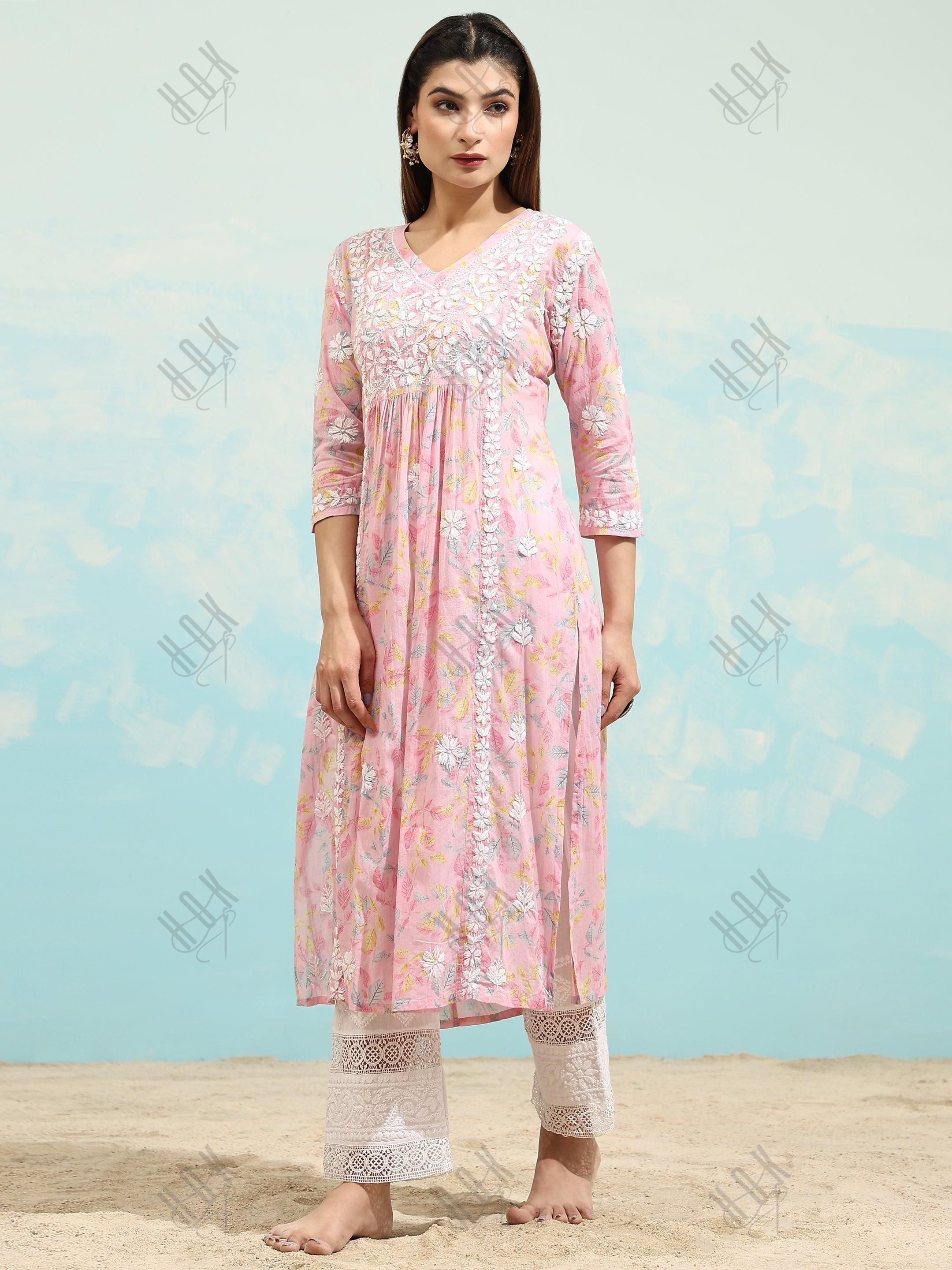 Samma Chikankari Long Kurta in Mul Cotton for Women- Baby Pink - House Of Kari (Chikankari Clothing)