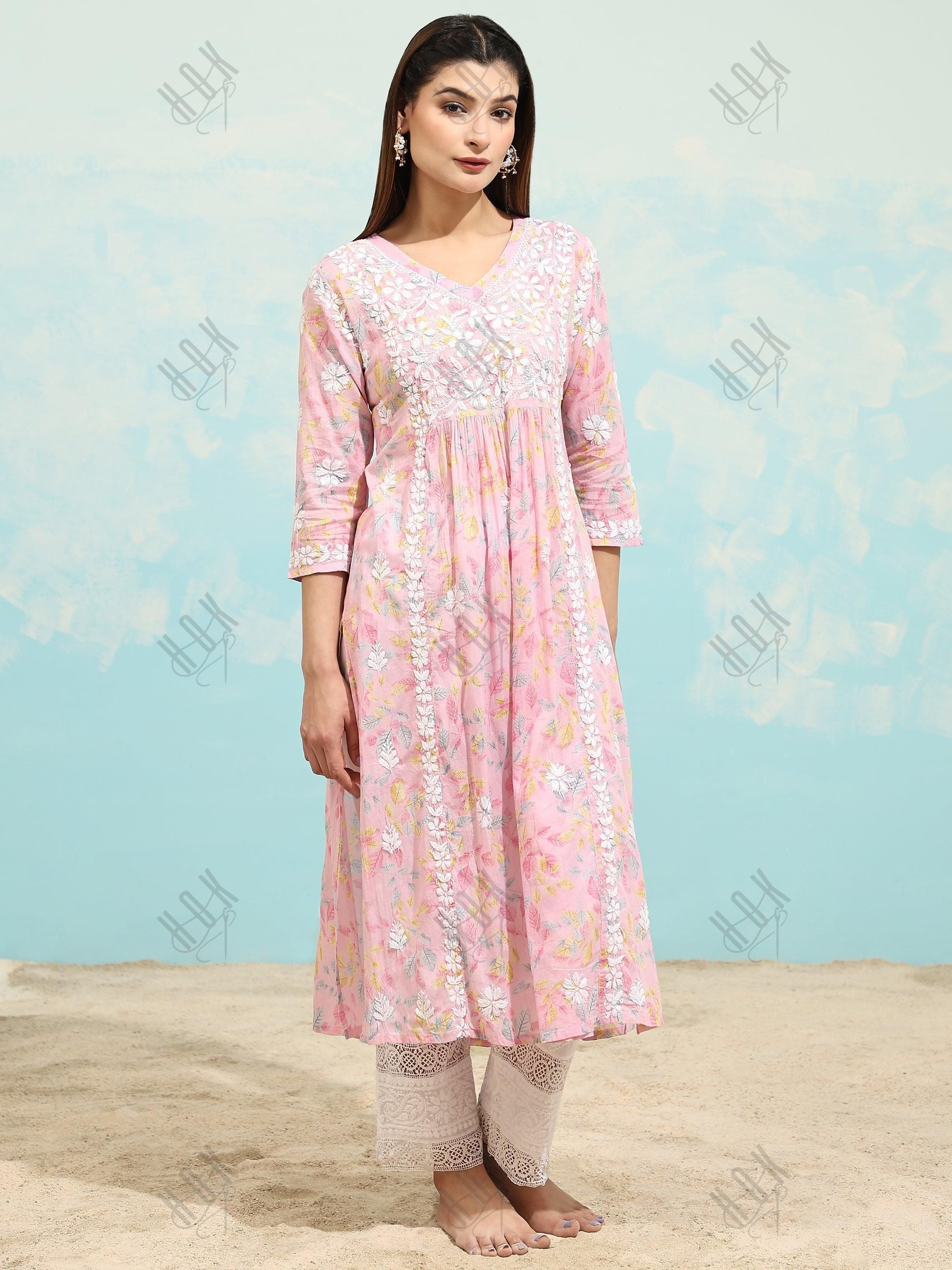 Samma Chikankari Long Kurta in Mul Cotton for Women- Baby Pink - House Of Kari (Chikankari Clothing)