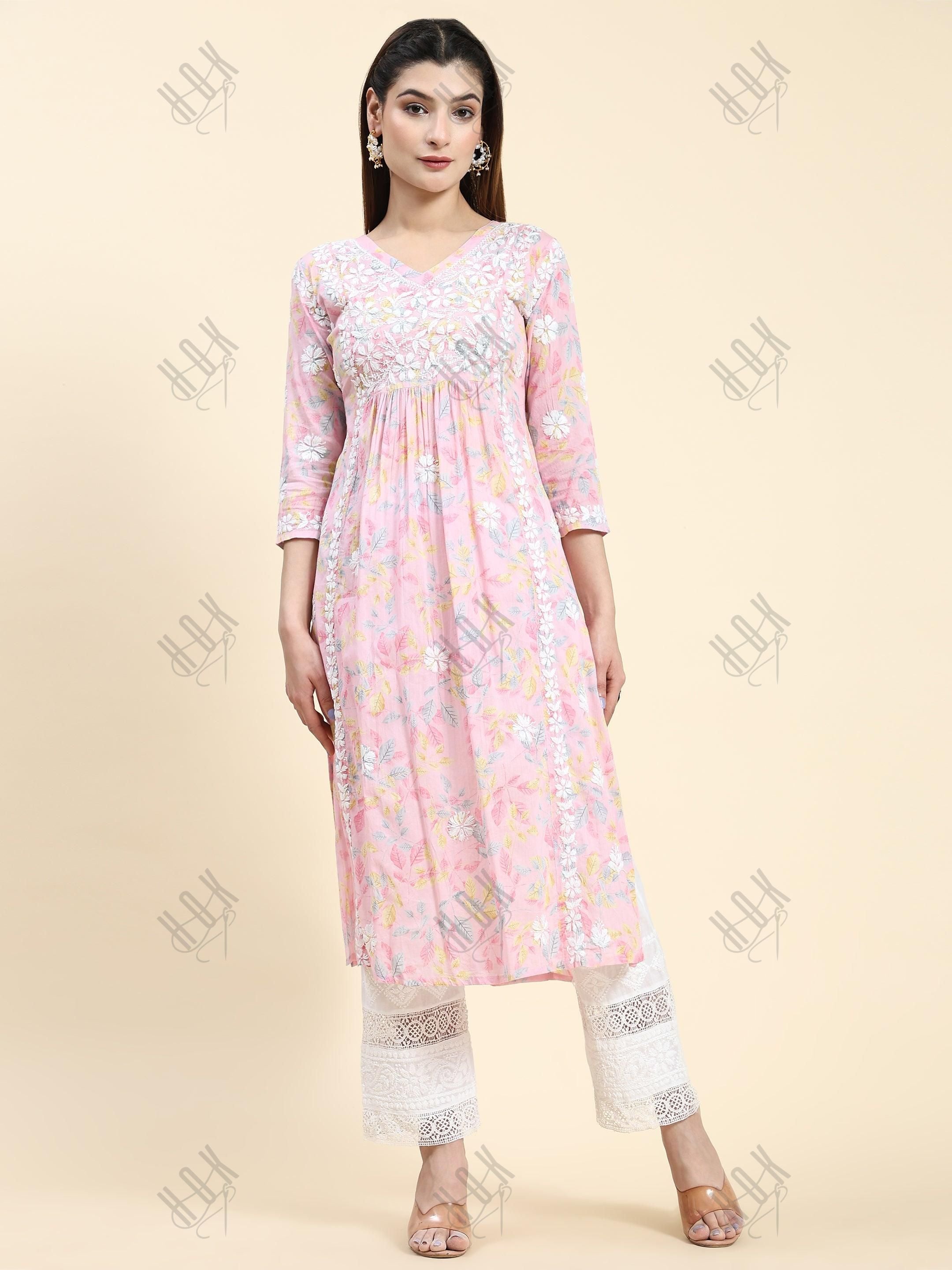 Samma Chikankari Long Kurta in Mul Cotton for Women- Baby Pink - House Of Kari (Chikankari Clothing)