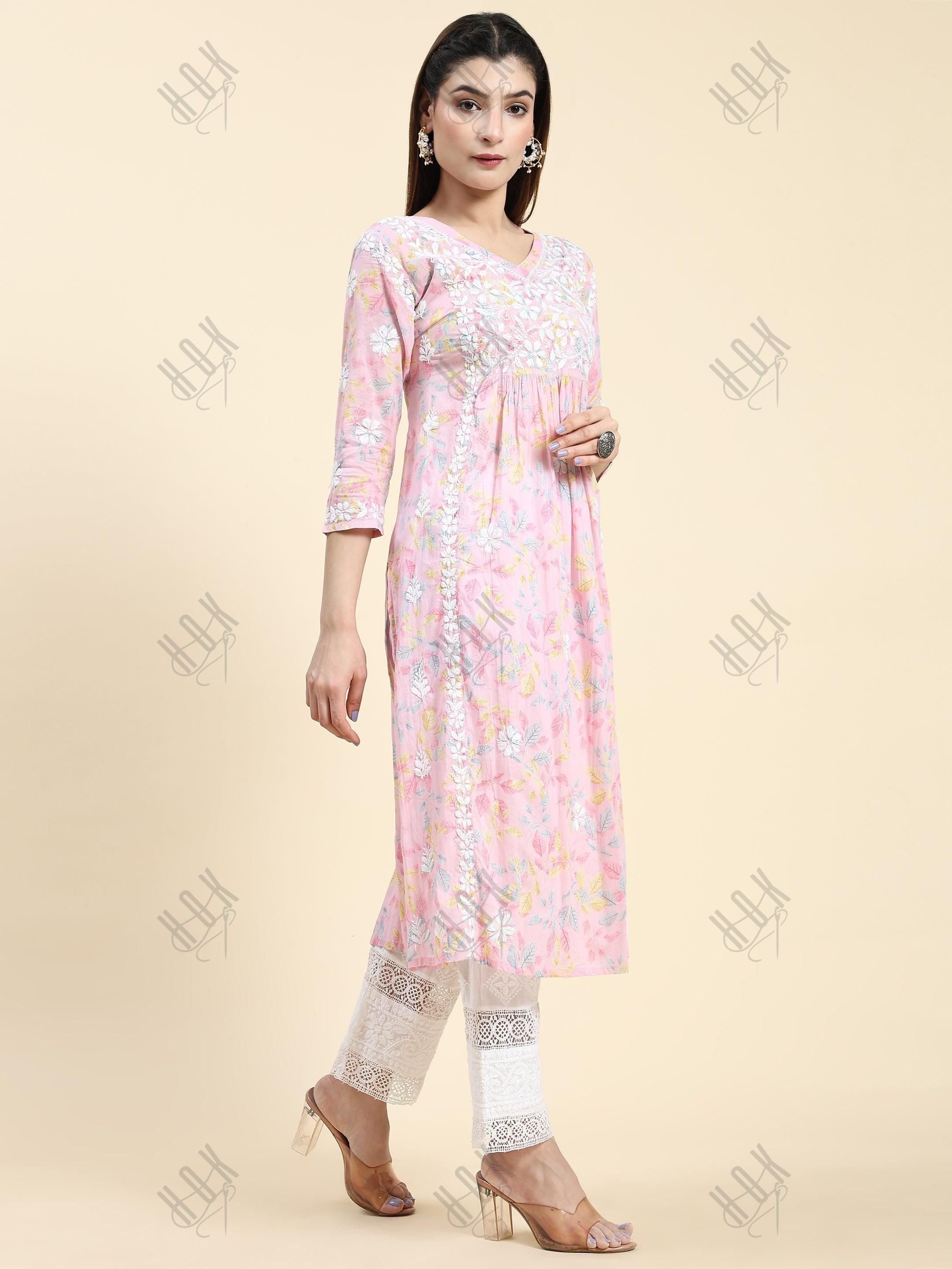 Samma Chikankari Long Kurta in Mul Cotton for Women- Baby Pink - House Of Kari (Chikankari Clothing)