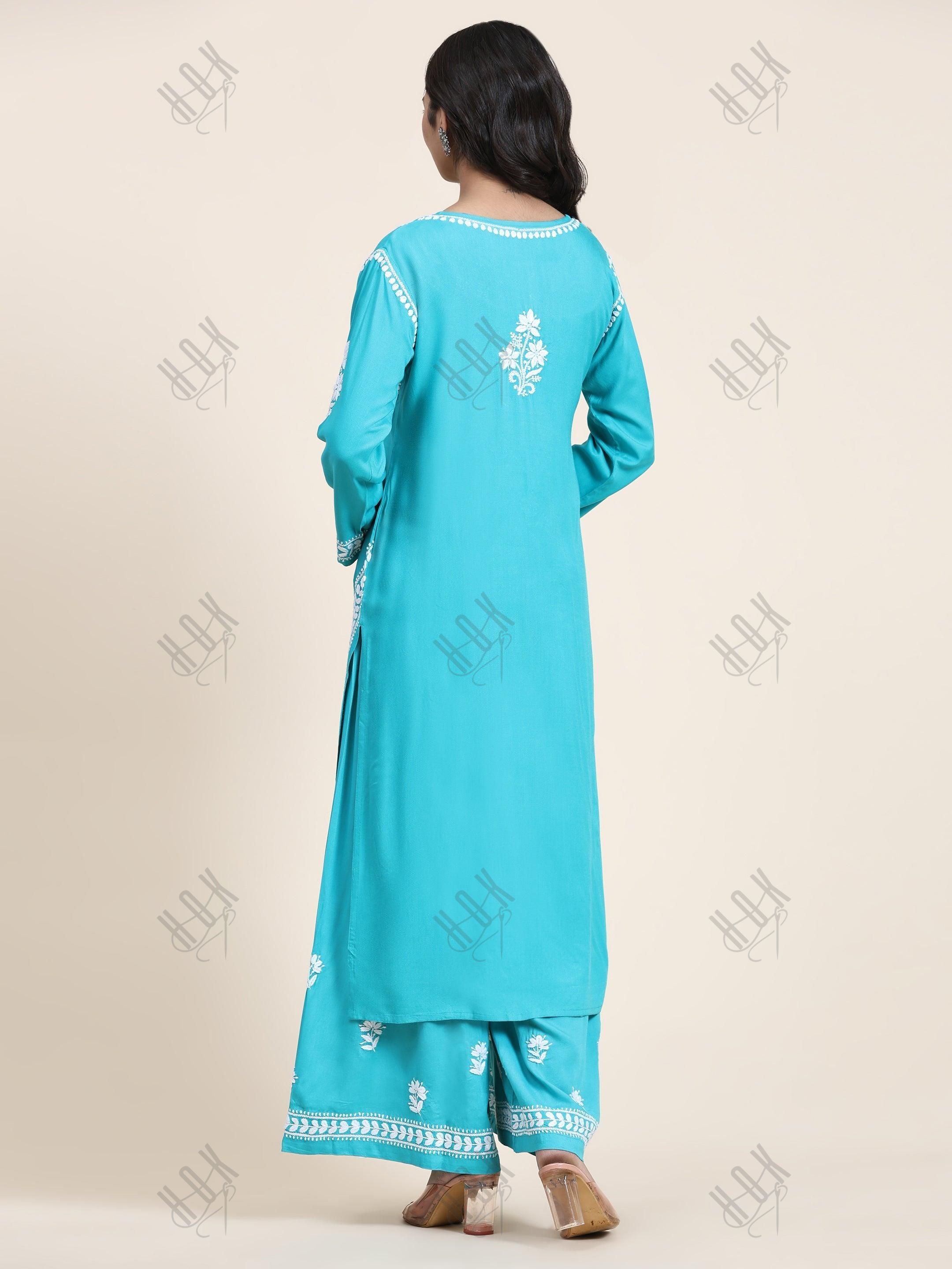 Noor Chikankari CO-ORD Set In Rayon for Women In Blue Turquoise - House Of Kari (Chikankari Clothing)