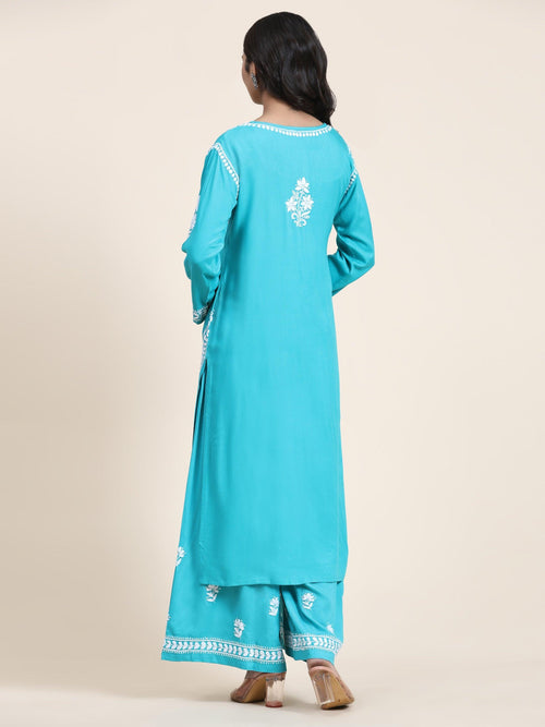 Bhavna in Noor Chikankari CO-ORD Set In Rayon for Women In Blue Turquoise - House Of Kari (Chikankari Clothing)