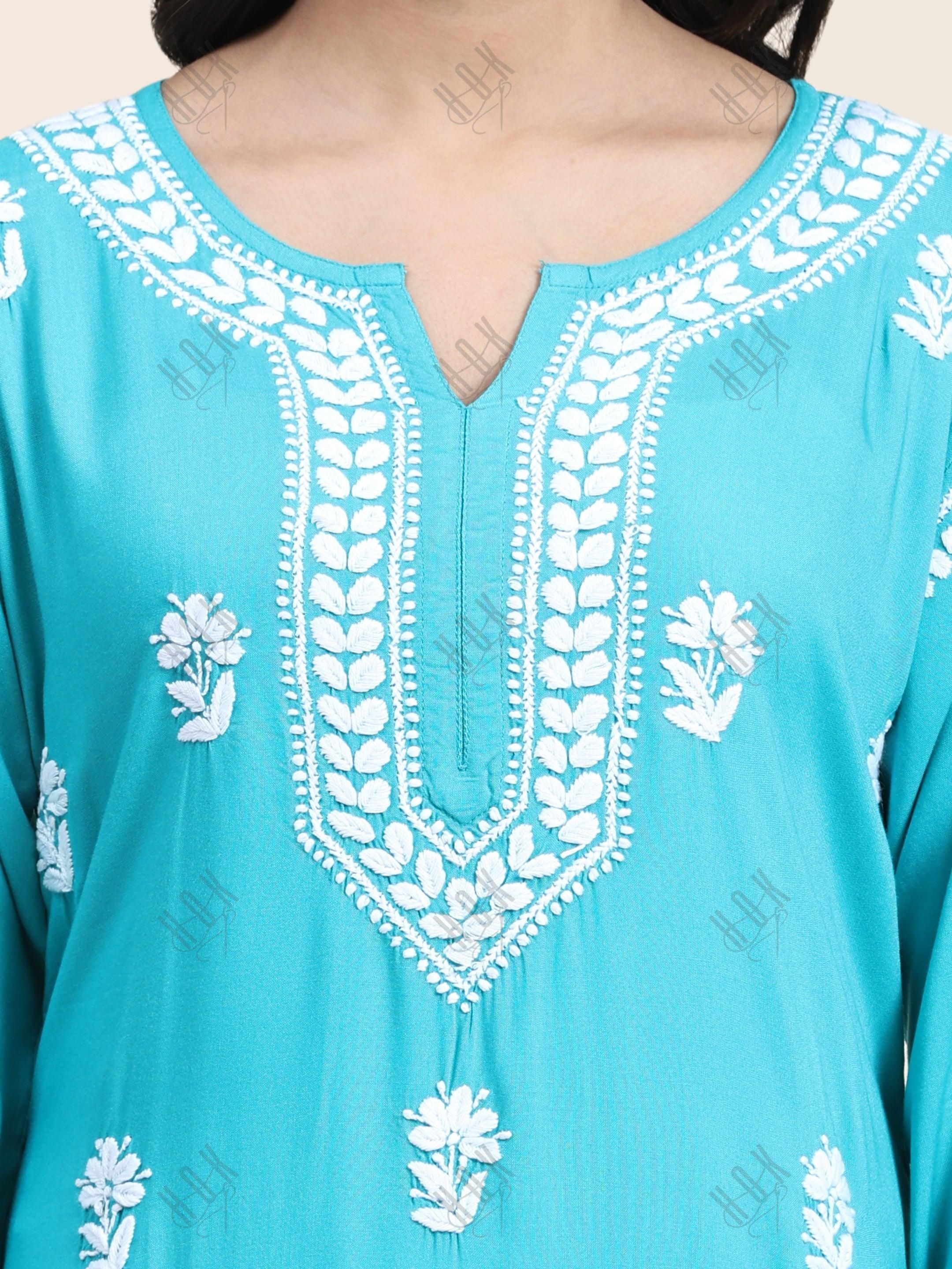 Noor Chikankari CO-ORD Set In Rayon for Women In Blue Turquoise - House Of Kari (Chikankari Clothing)