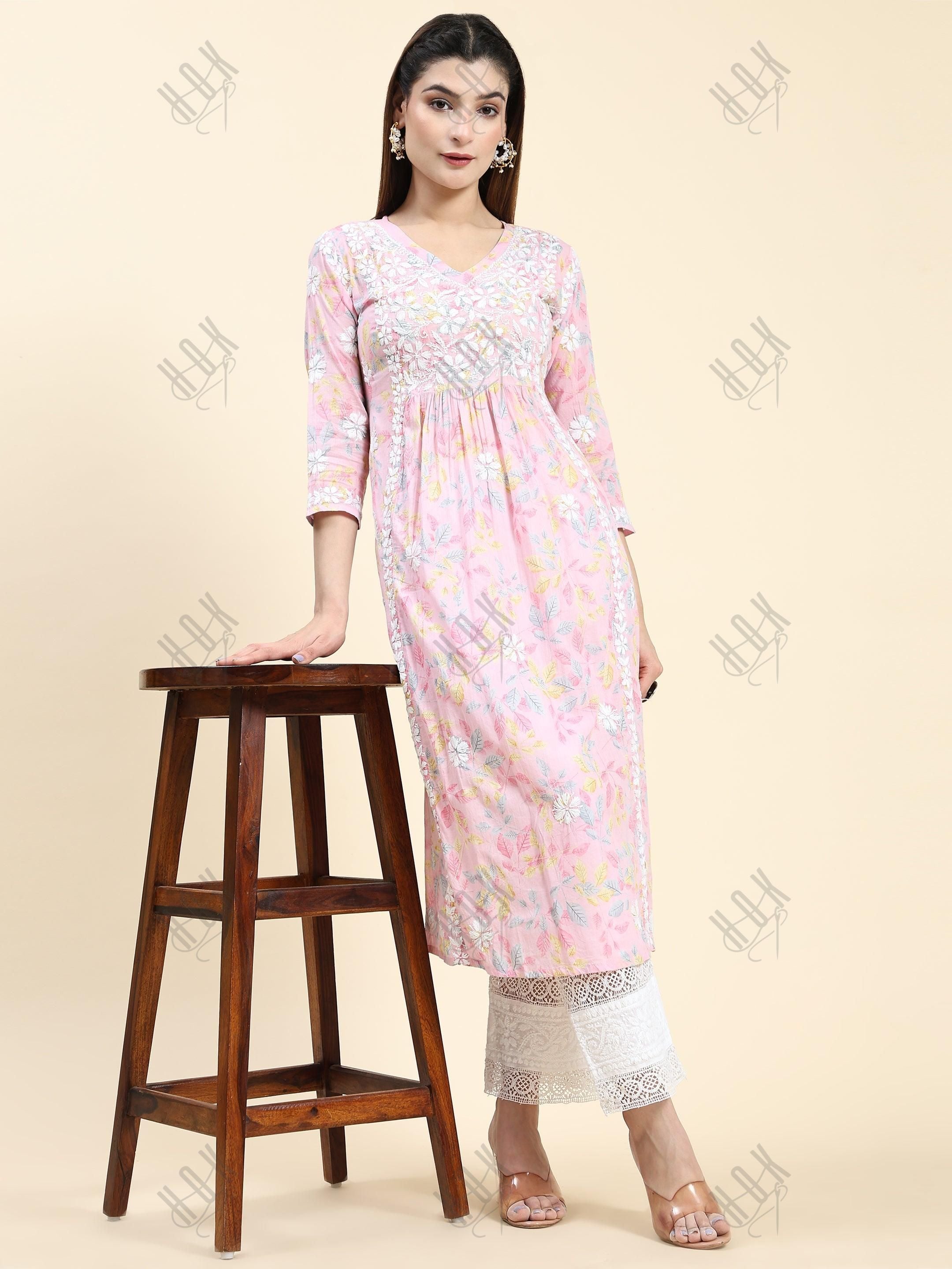 Samma Chikankari Long Kurta in Mul Cotton for Women- Baby Pink - House Of Kari (Chikankari Clothing)