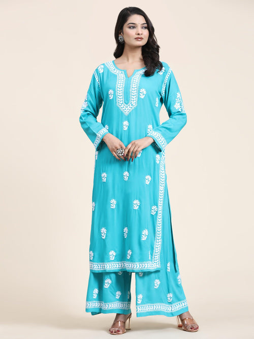 Noor Chikankari CO-ORD Set In Rayon for Women In Blue Turquoise - House Of Kari (Chikankari Clothing)