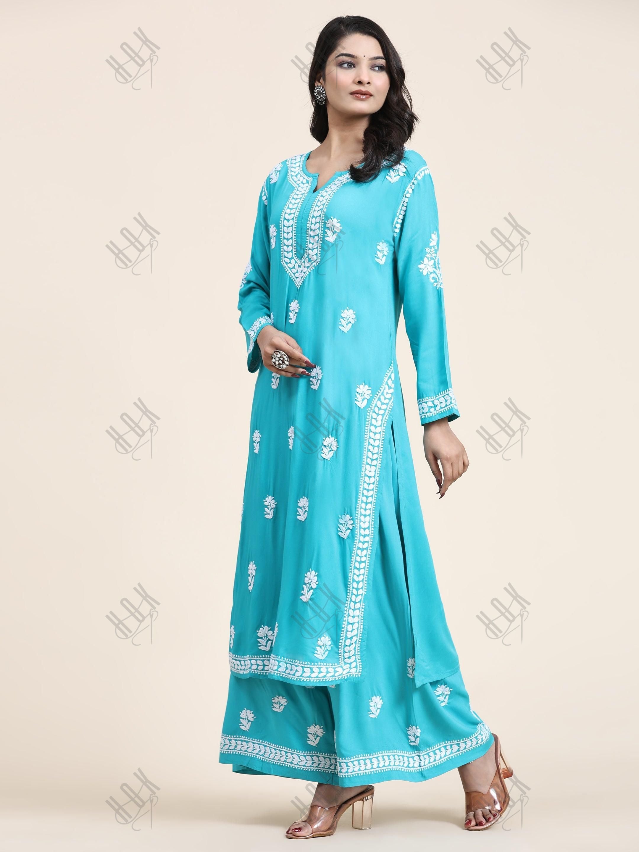 Noor Chikankari CO-ORD Set In Rayon for Women In Blue Turquoise - House Of Kari (Chikankari Clothing)