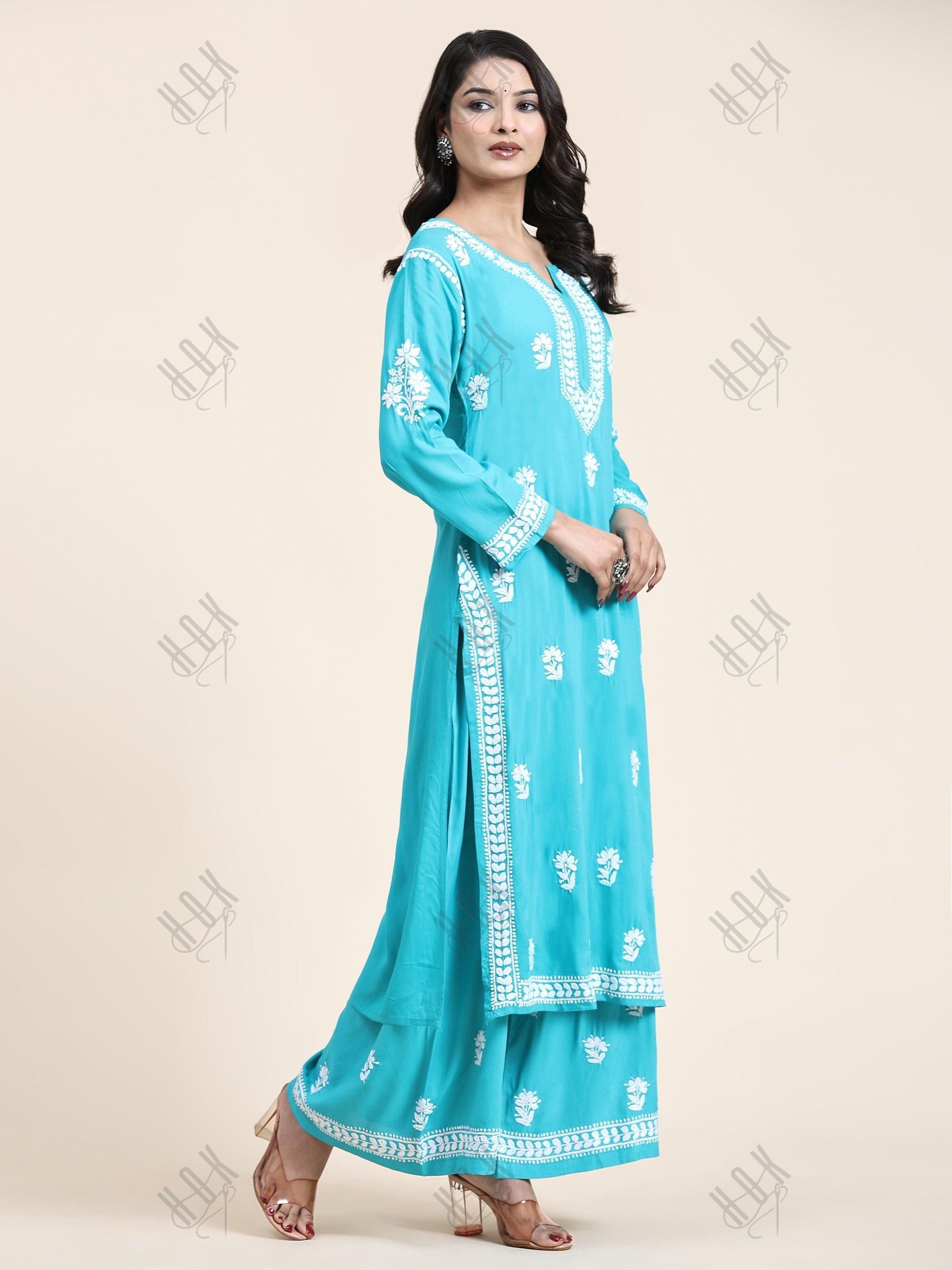 Noor Chikankari CO-ORD Set In Rayon for Women In Blue Turquoise - House Of Kari (Chikankari Clothing)