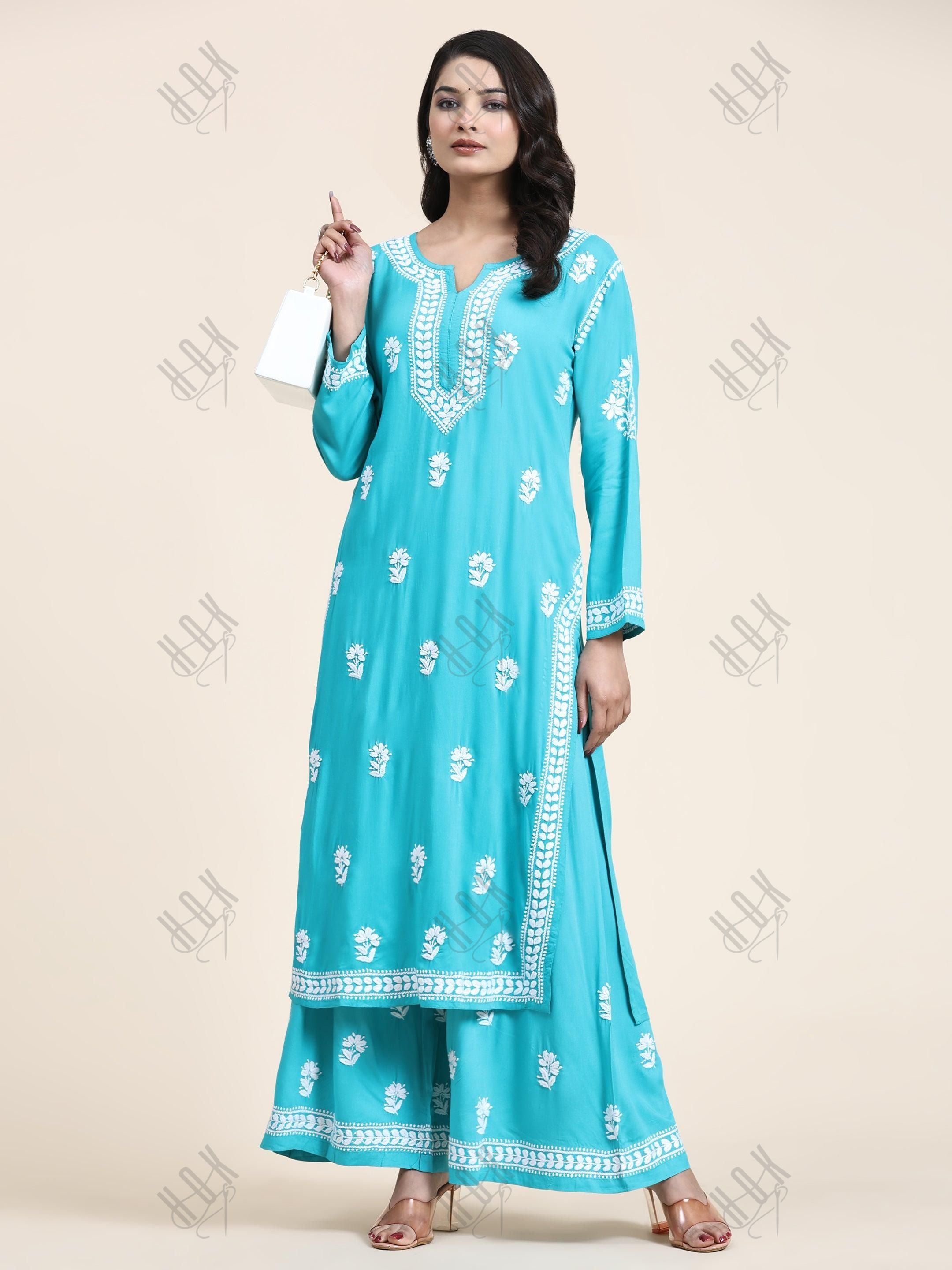 Noor Chikankari CO-ORD Set In Rayon for Women In Blue Turquoise - House Of Kari (Chikankari Clothing)