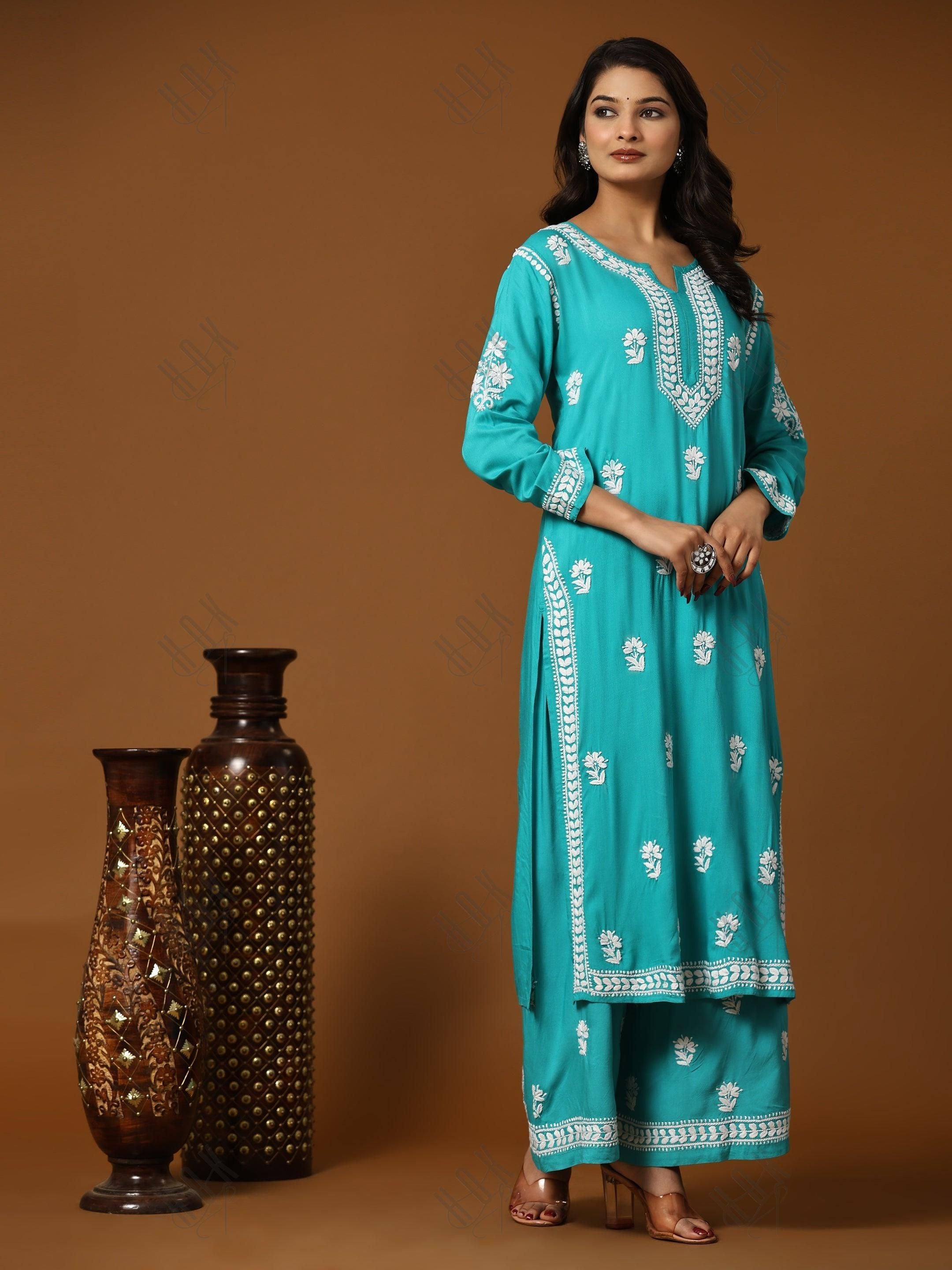 Noor Chikankari CO-ORD Set In Rayon for Women In Blue Turquoise - House Of Kari (Chikankari Clothing)