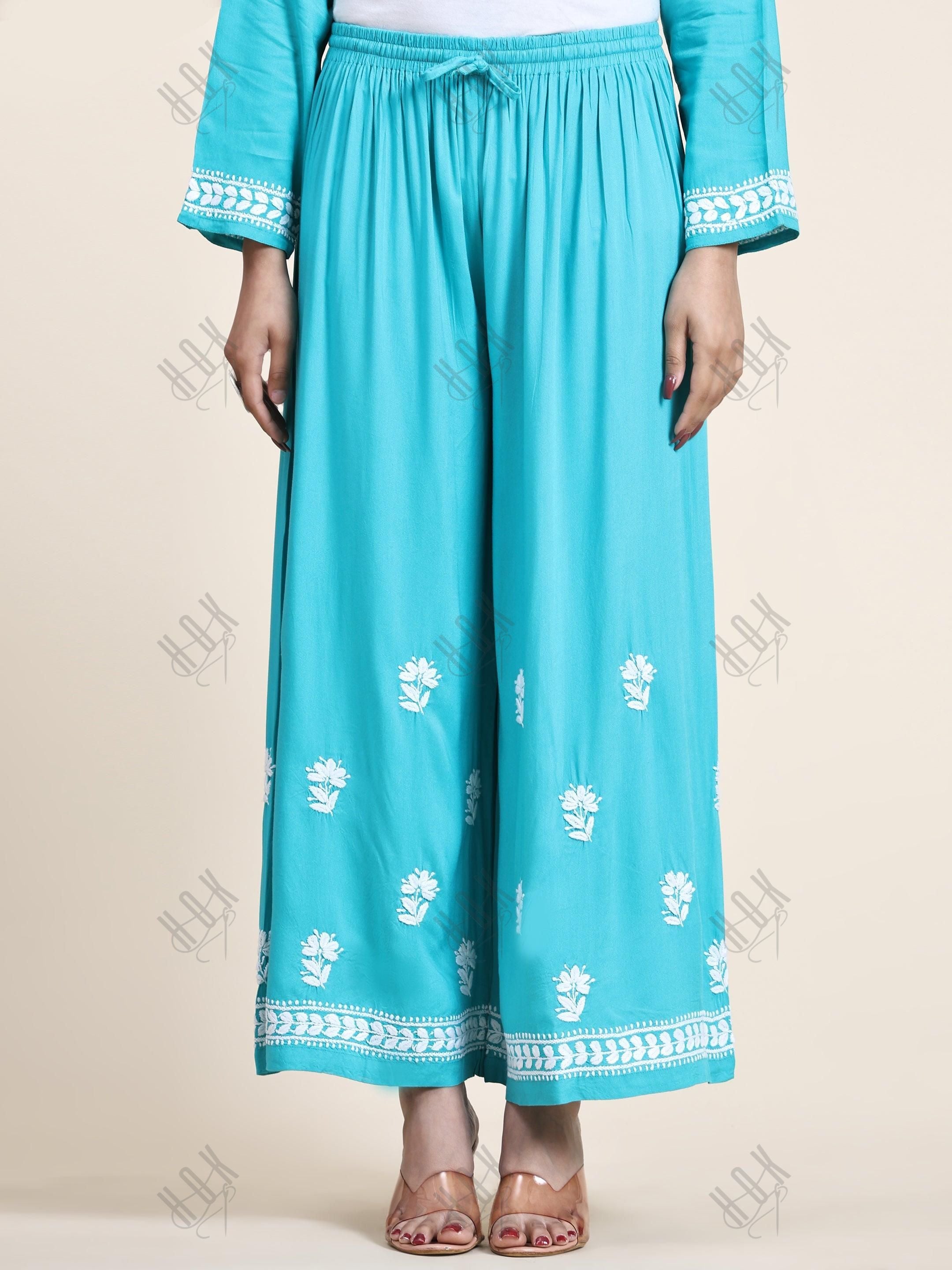 Noor Chikankari CO-ORD Set In Rayon for Women In Blue Turquoise - House Of Kari (Chikankari Clothing)