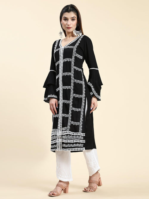 Samma Chikankari Long Kurta in Rayon Cotton for Women- Black With White - House Of Kari (Chikankari Clothing)