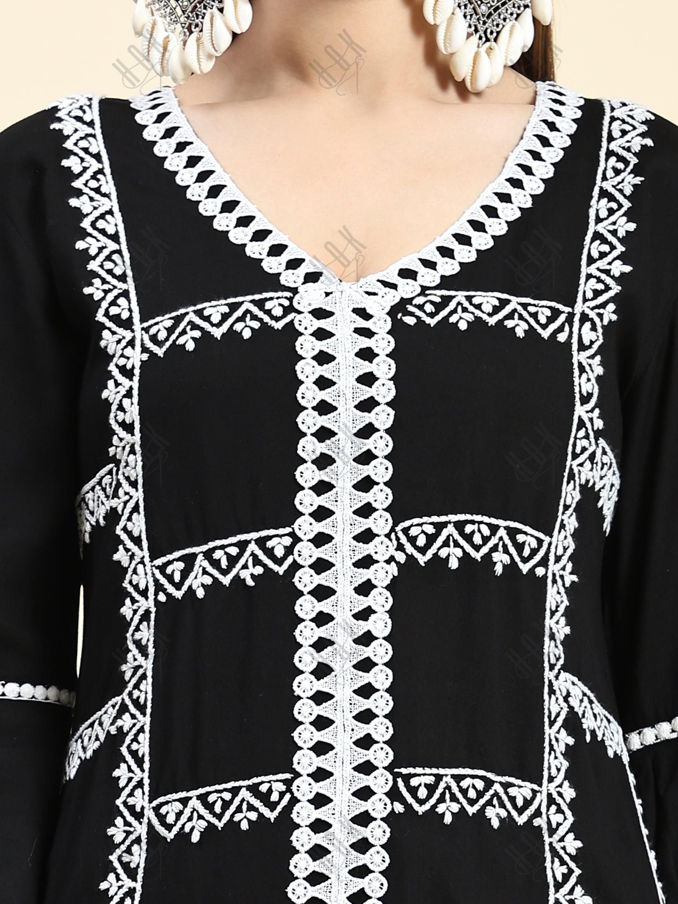 Samma Chikankari Long Kurta in Rayon Cotton for Women- Black With White - House Of Kari (Chikankari Clothing)