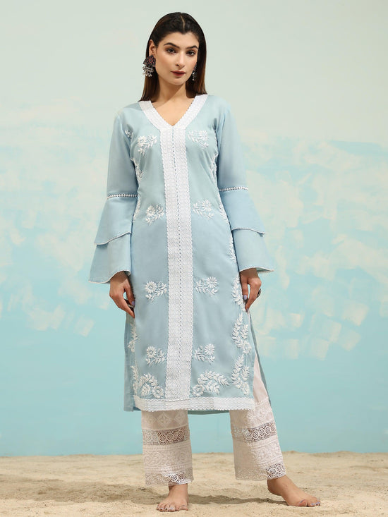 Buy Idalia Sky Blue Embroidered Kurta With White Palazzo Pants online
