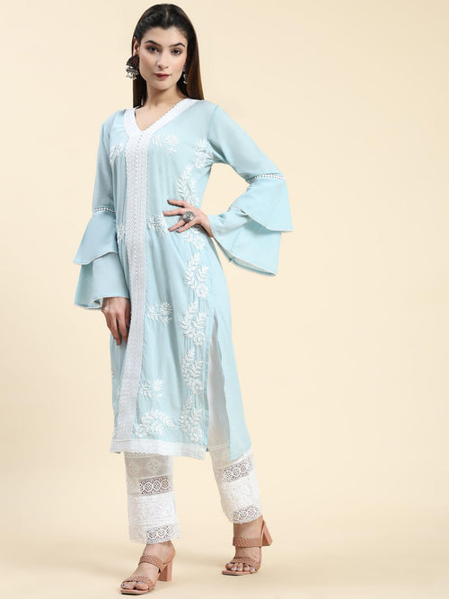 Samma Chikankari Long Kurti In Cotton for Women- Sky Blue - House Of Kari (Chikankari Clothing)