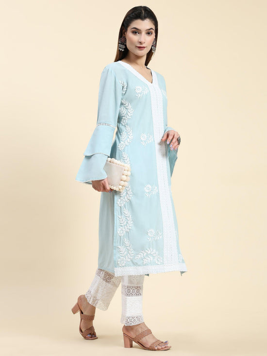 Load image into Gallery viewer, Samma Chikankari Long Kurti In Cotton for Women- Sky Blue - House Of Kari (Chikankari Clothing)
