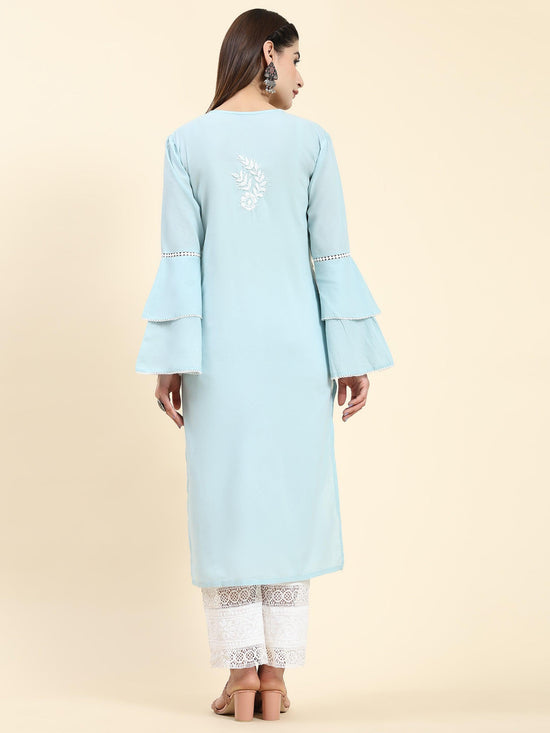 Load image into Gallery viewer, Samma Chikankari Long Kurti In Cotton for Women- Sky Blue - House Of Kari (Chikankari Clothing)
