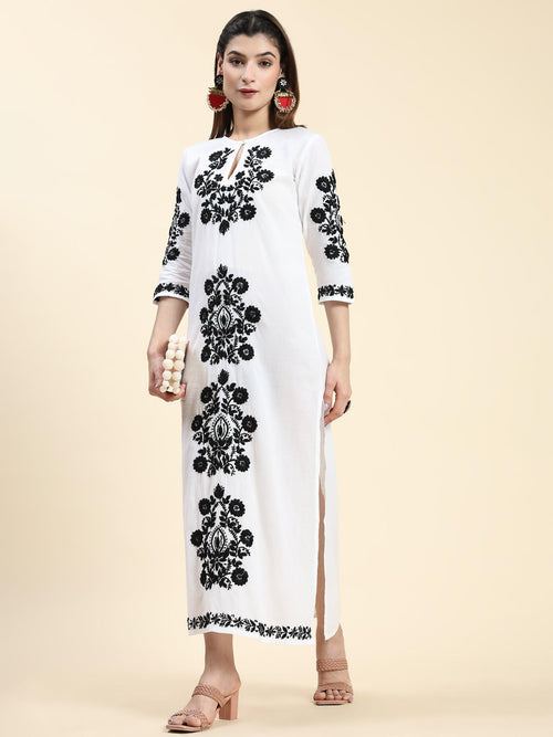 Samma Chikankari Long Kurti In Cotton for Women- White With Black - House Of Kari (Chikankari Clothing)