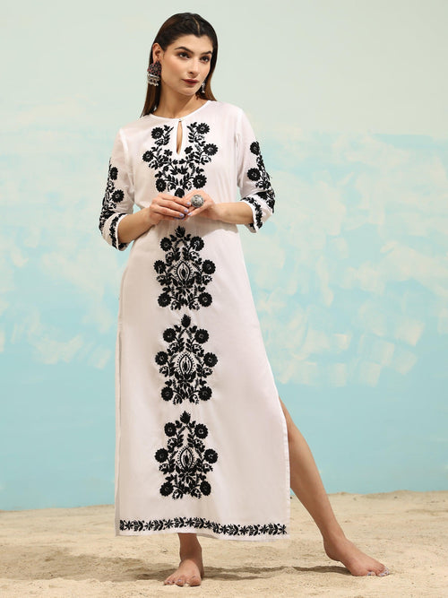 Indi Silai White Cotton Printed Straight Kurta 3/4th Sleeve Round Neck –  Masakali.com
