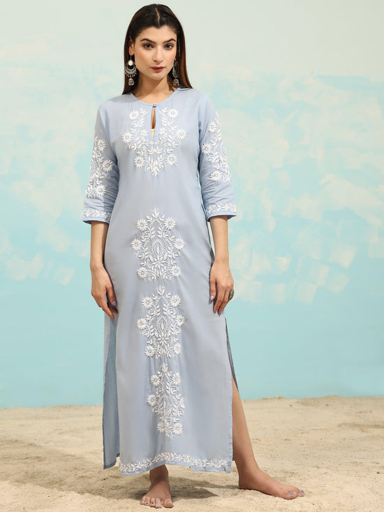 Samma Chikankari Long Kurti In Cotton for Women- Blue with White - House Of Kari (Chikankari Clothing)