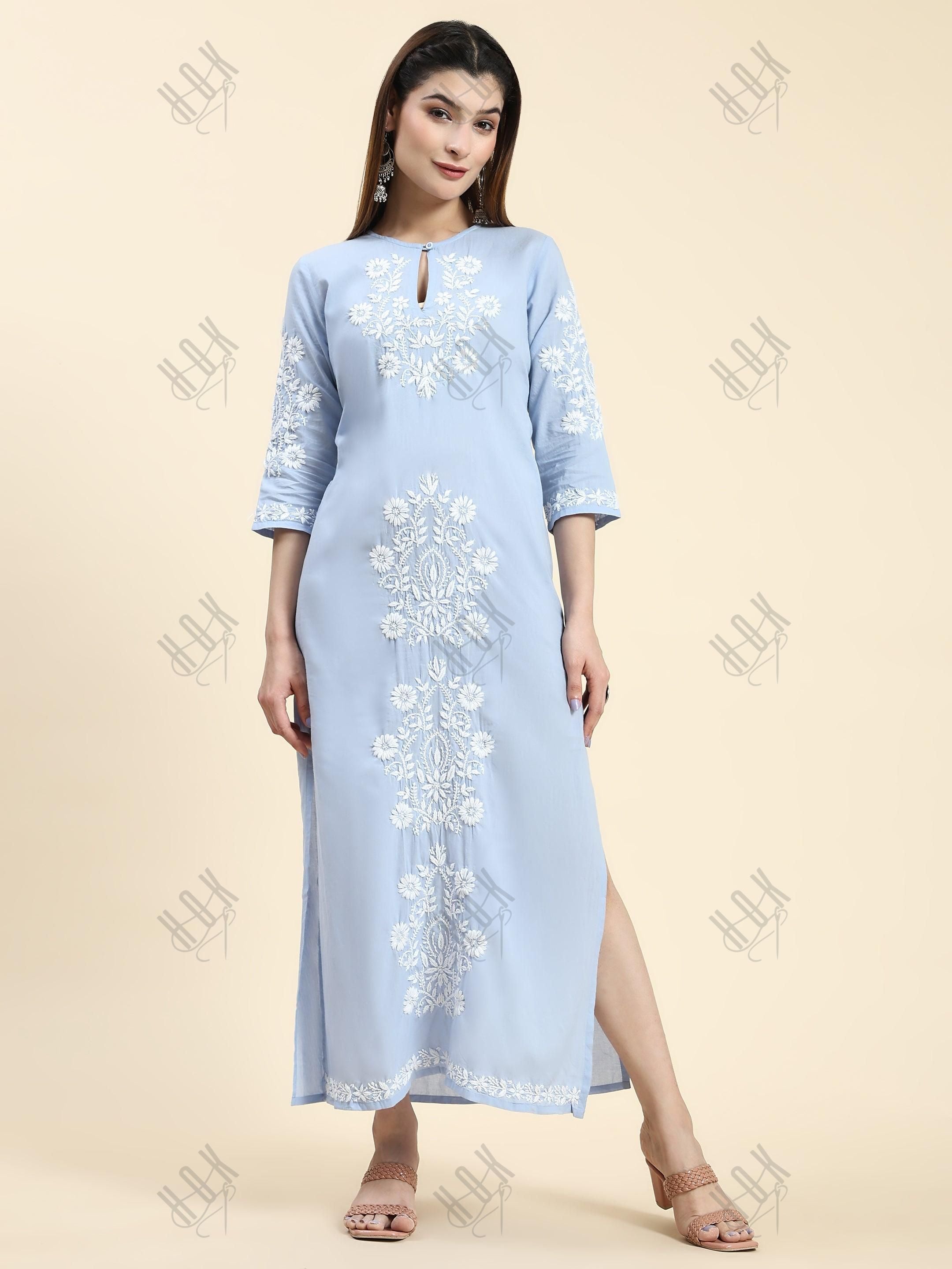 Samma Chikankari Long Kurti In Cotton for Women- Blue with White - House Of Kari (Chikankari Clothing)