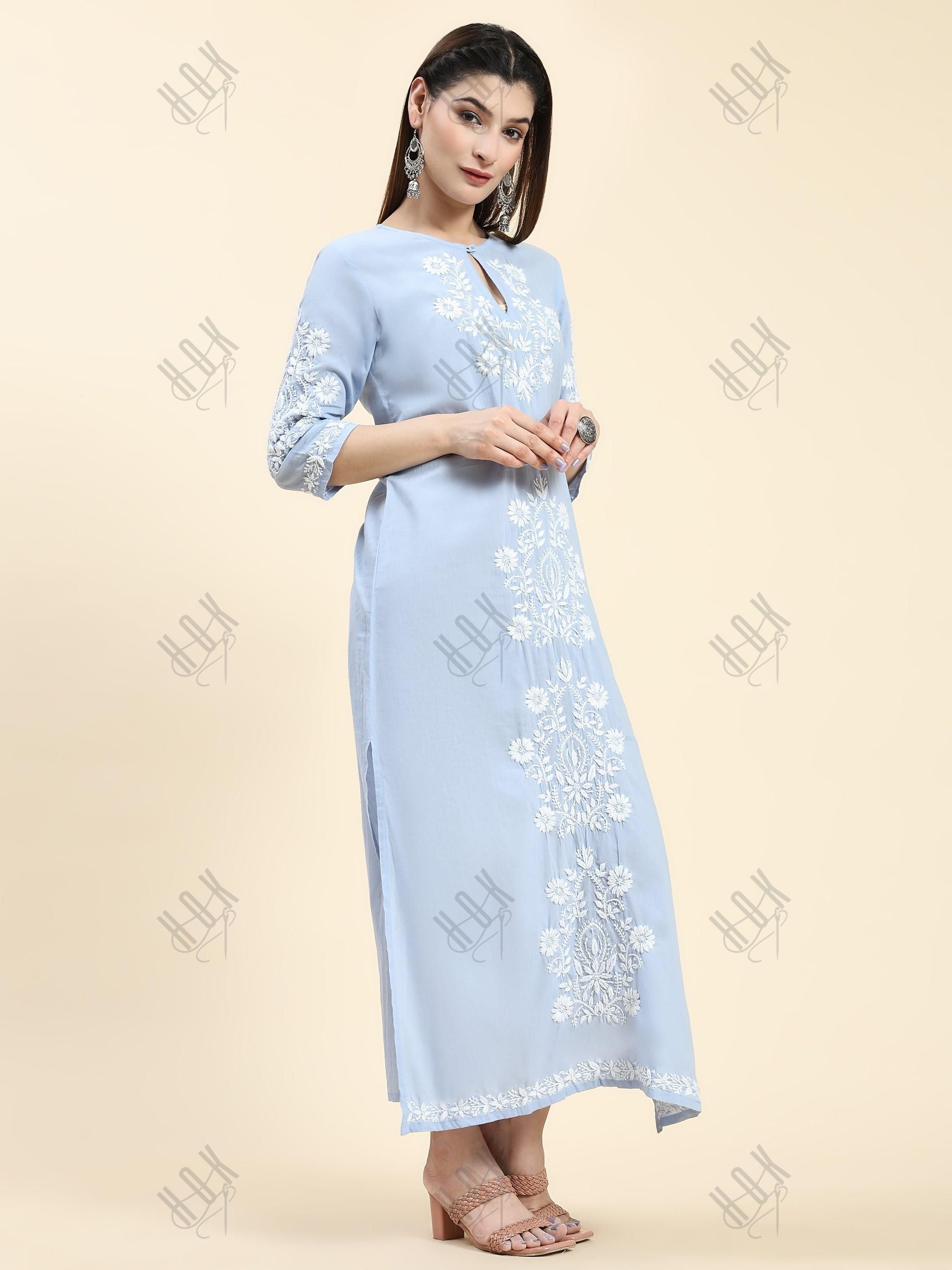 Samma Chikankari Long Kurti In Cotton for Women- Blue with White - House Of Kari (Chikankari Clothing)