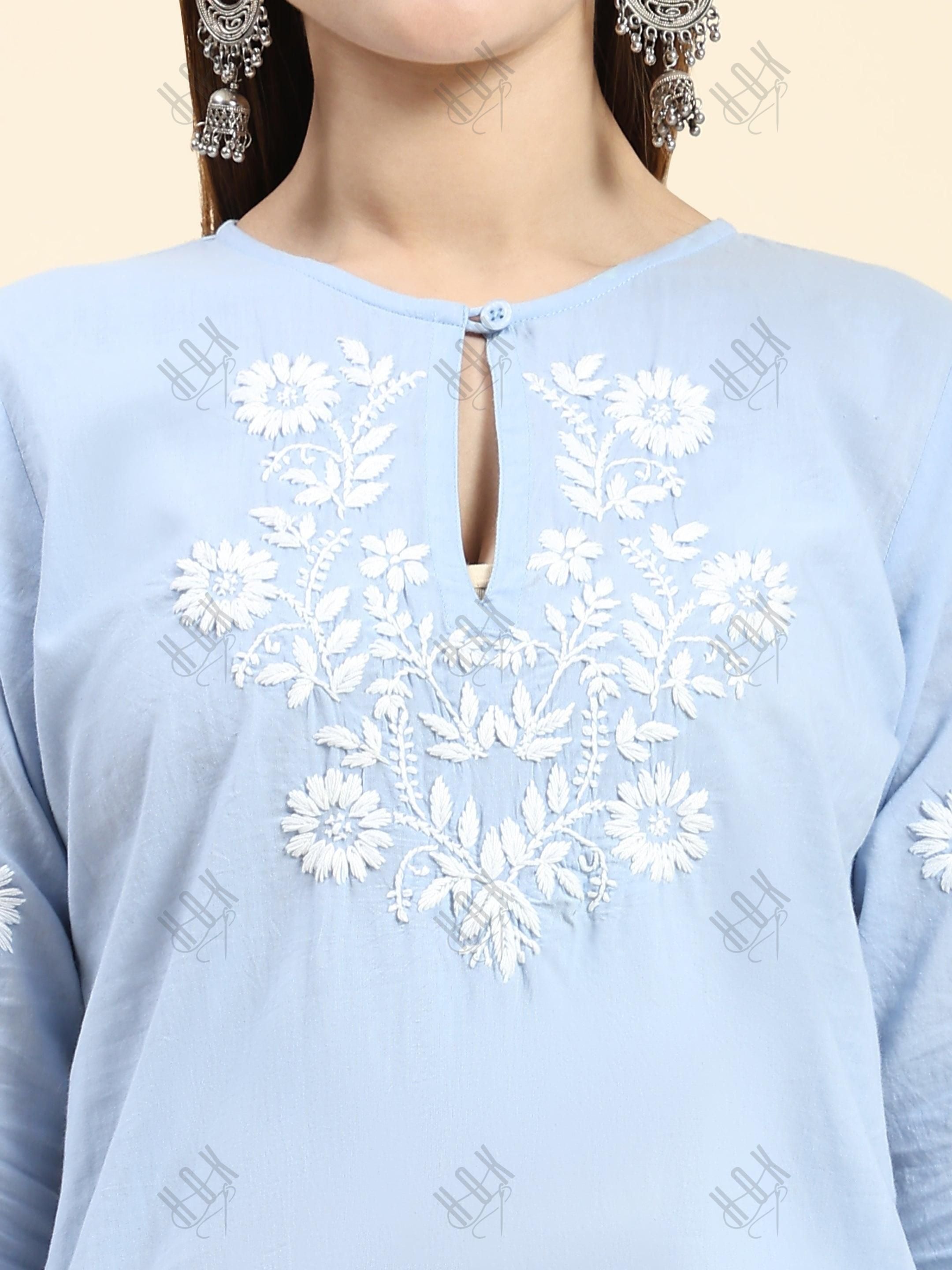 Samma Chikankari Long Kurti In Cotton for Women- Blue with White - House Of Kari (Chikankari Clothing)