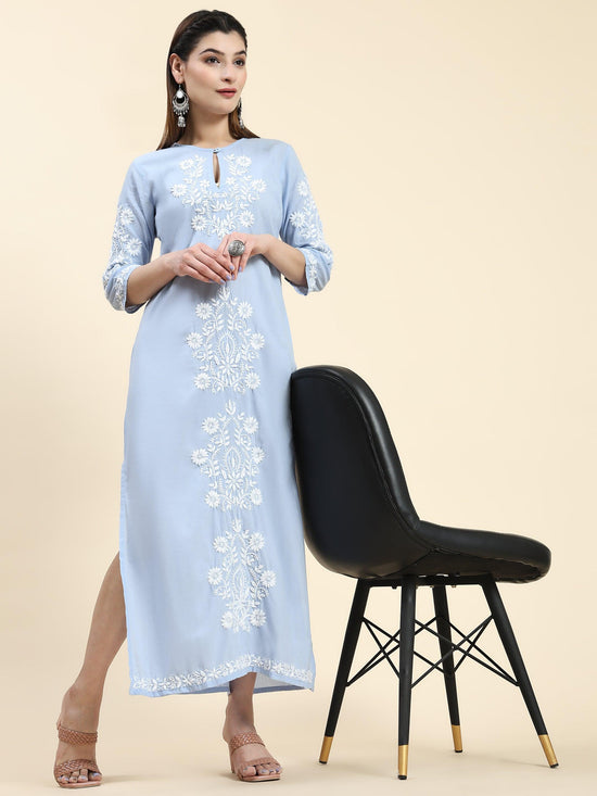 Samma Chikankari Long Kurti In Cotton for Women- Blue with White - House Of Kari (Chikankari Clothing)
