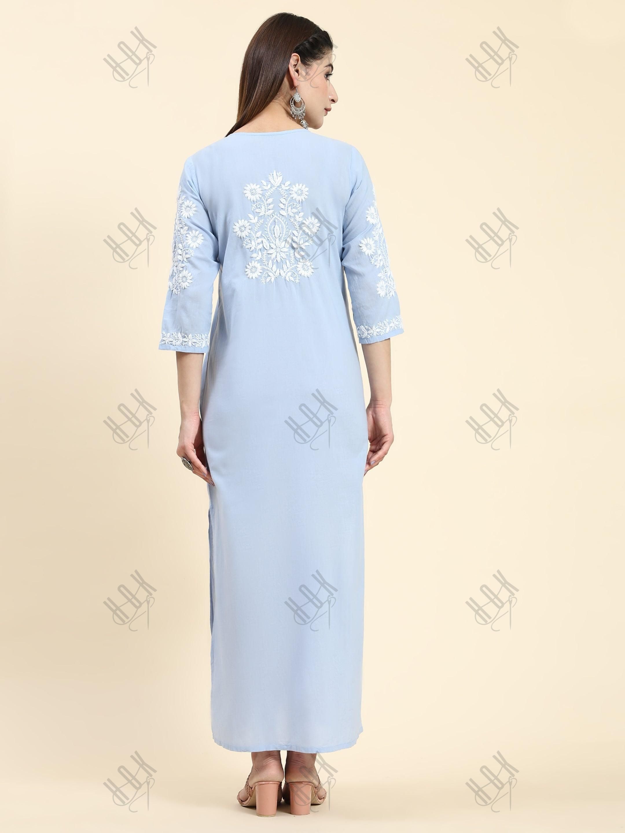 Samma Chikankari Long Kurti In Cotton for Women- Blue with White - House Of Kari (Chikankari Clothing)