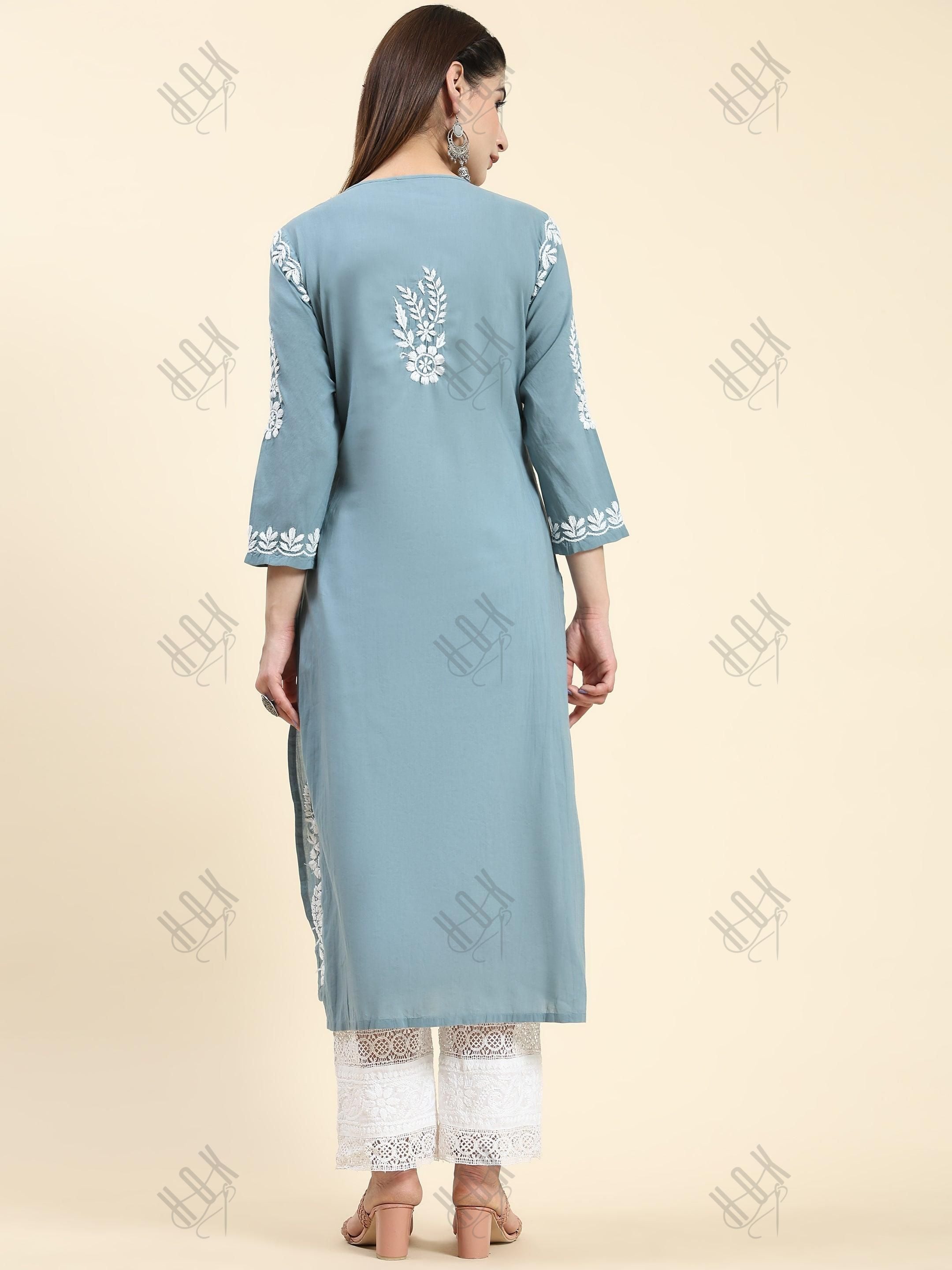 Samma Chikankari Long Kurti In Cotton For Women - House Of Kari (Chikankari Clothing)