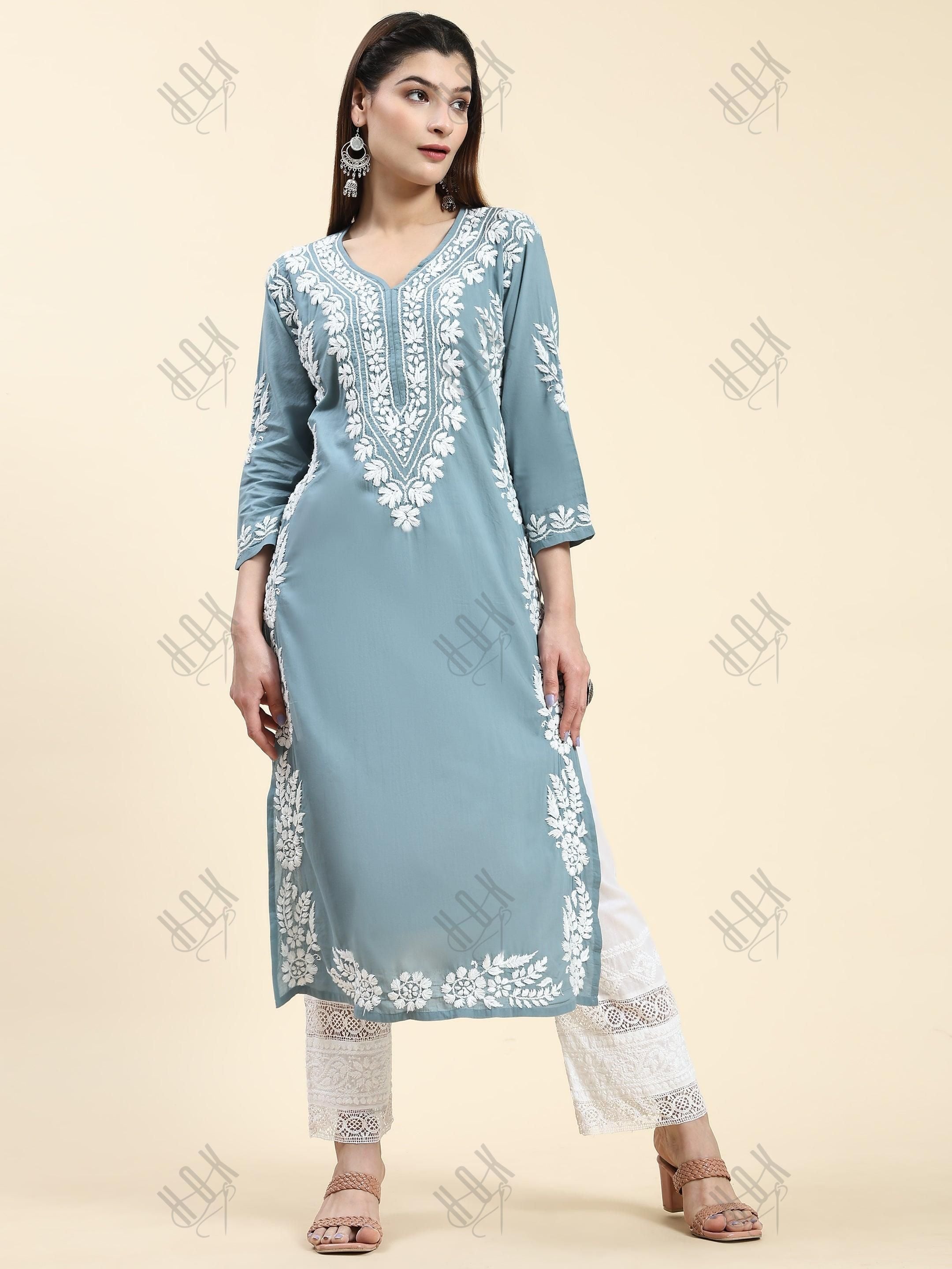 Samma Chikankari Long Kurti In Cotton For Women - House Of Kari (Chikankari Clothing)